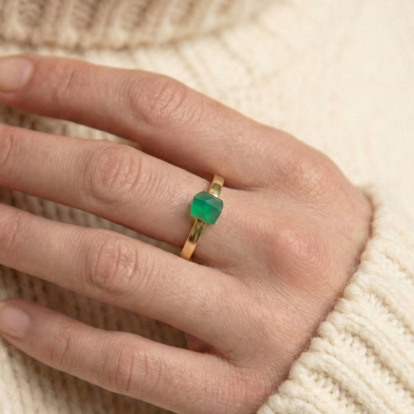 The Asymmetric Emerald: Raw Green Onyx Gold Ring