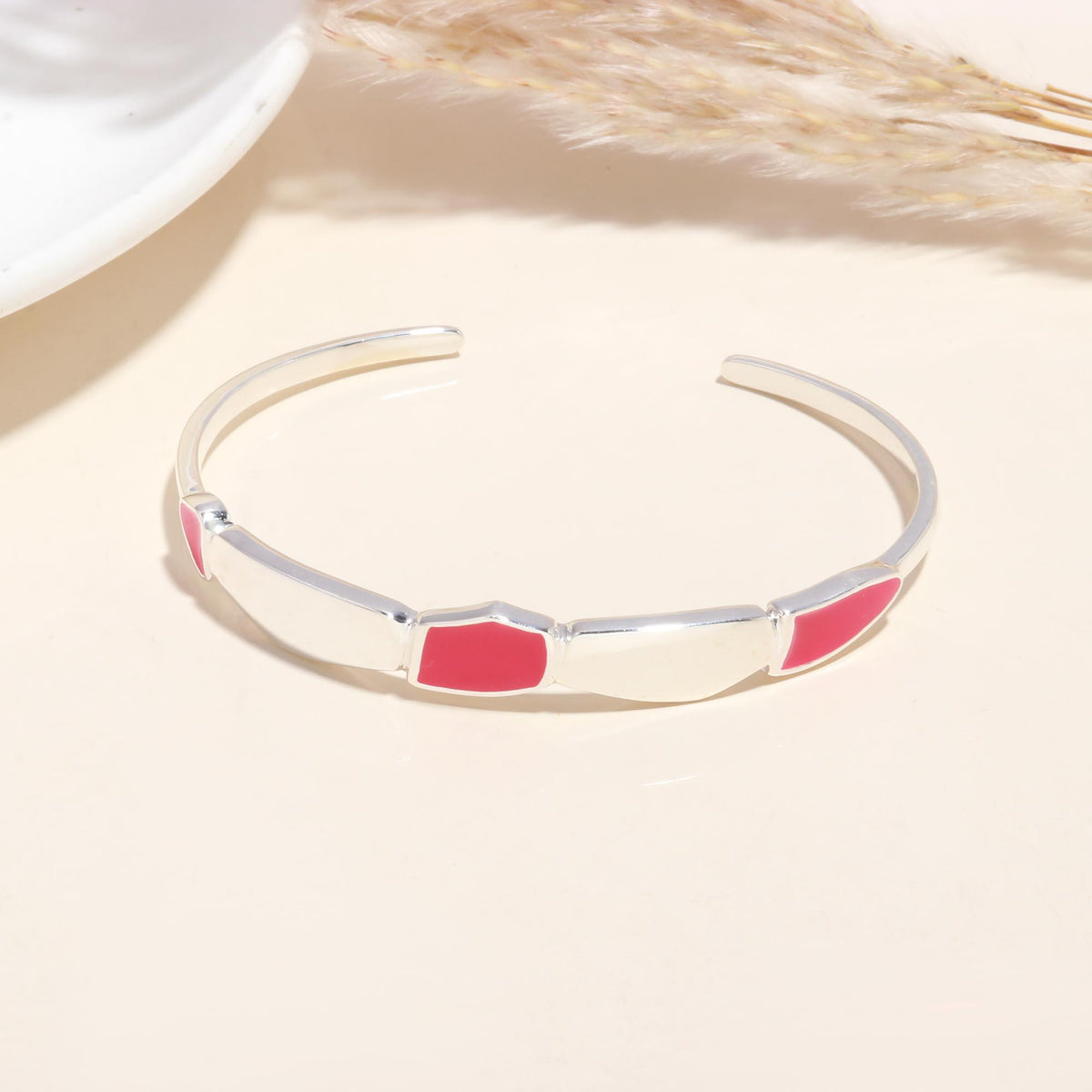 925 Sterling Silver Pink Enamel Cuff Bracelet