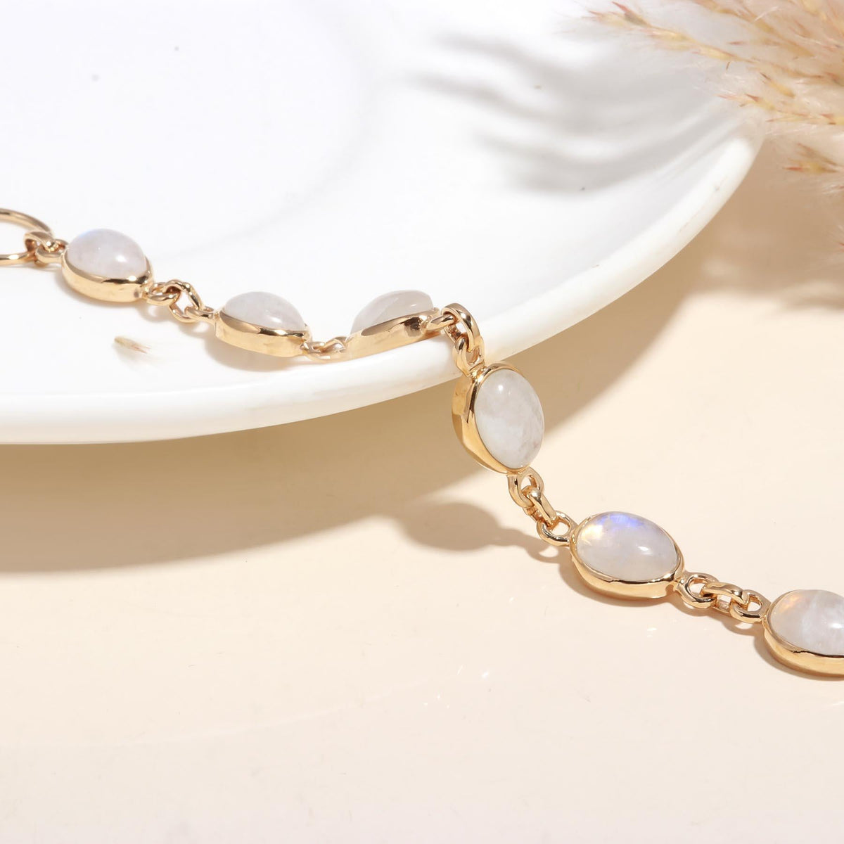 The Lunar Chain: Rainbow Moonstone Gold Link Bracelet