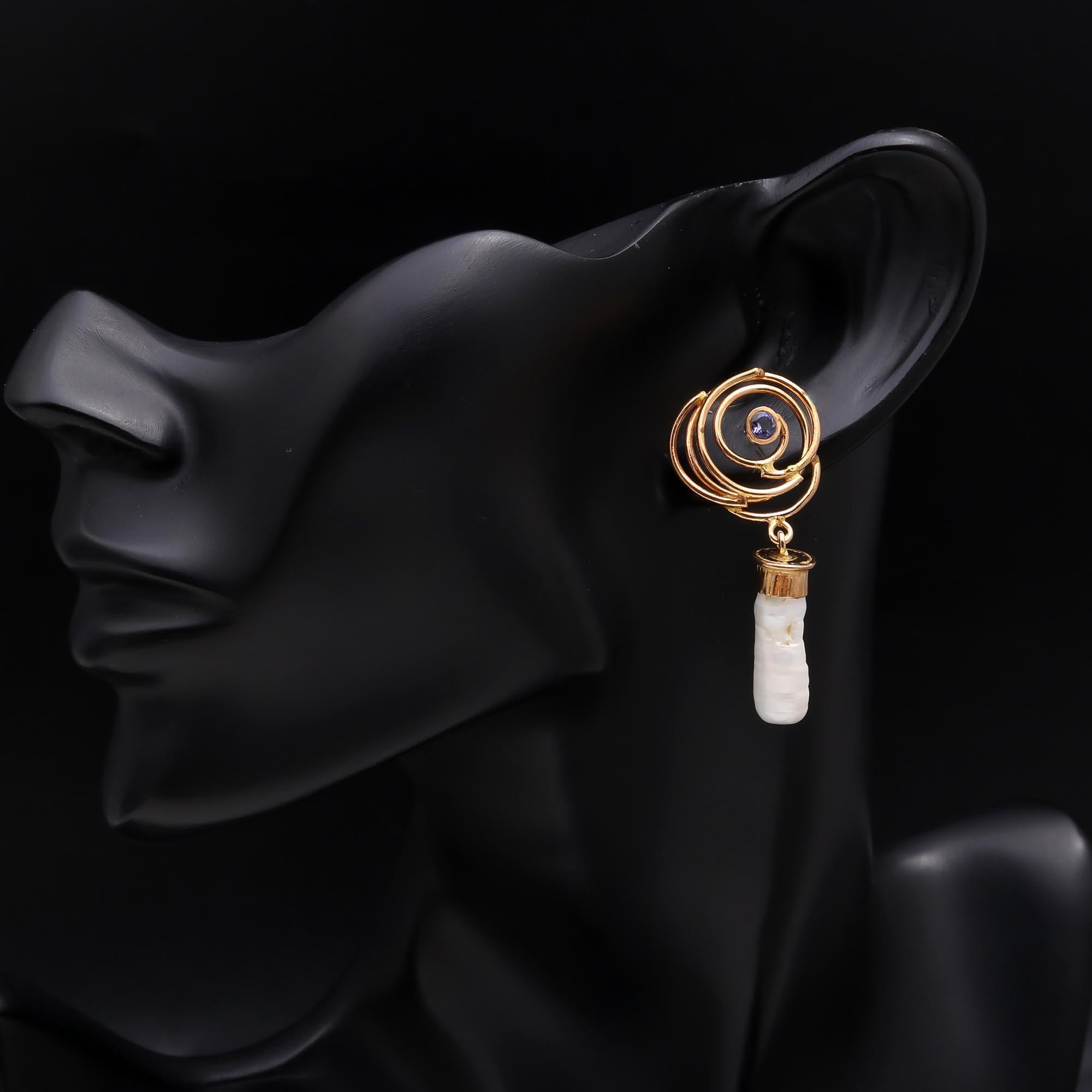The Spiral Pearl: Biwa Pearl & Iolite Earrings