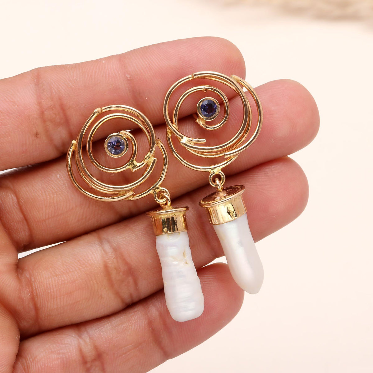 The Spiral Pearl: Biwa Pearl & Iolite Earrings