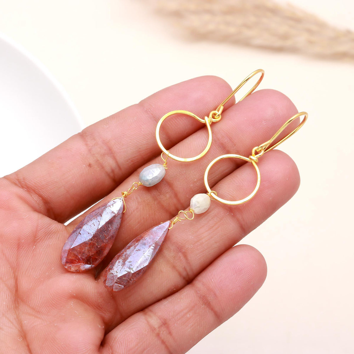 The Earthy Halo: Strawberry Quartz Hoop Earrings