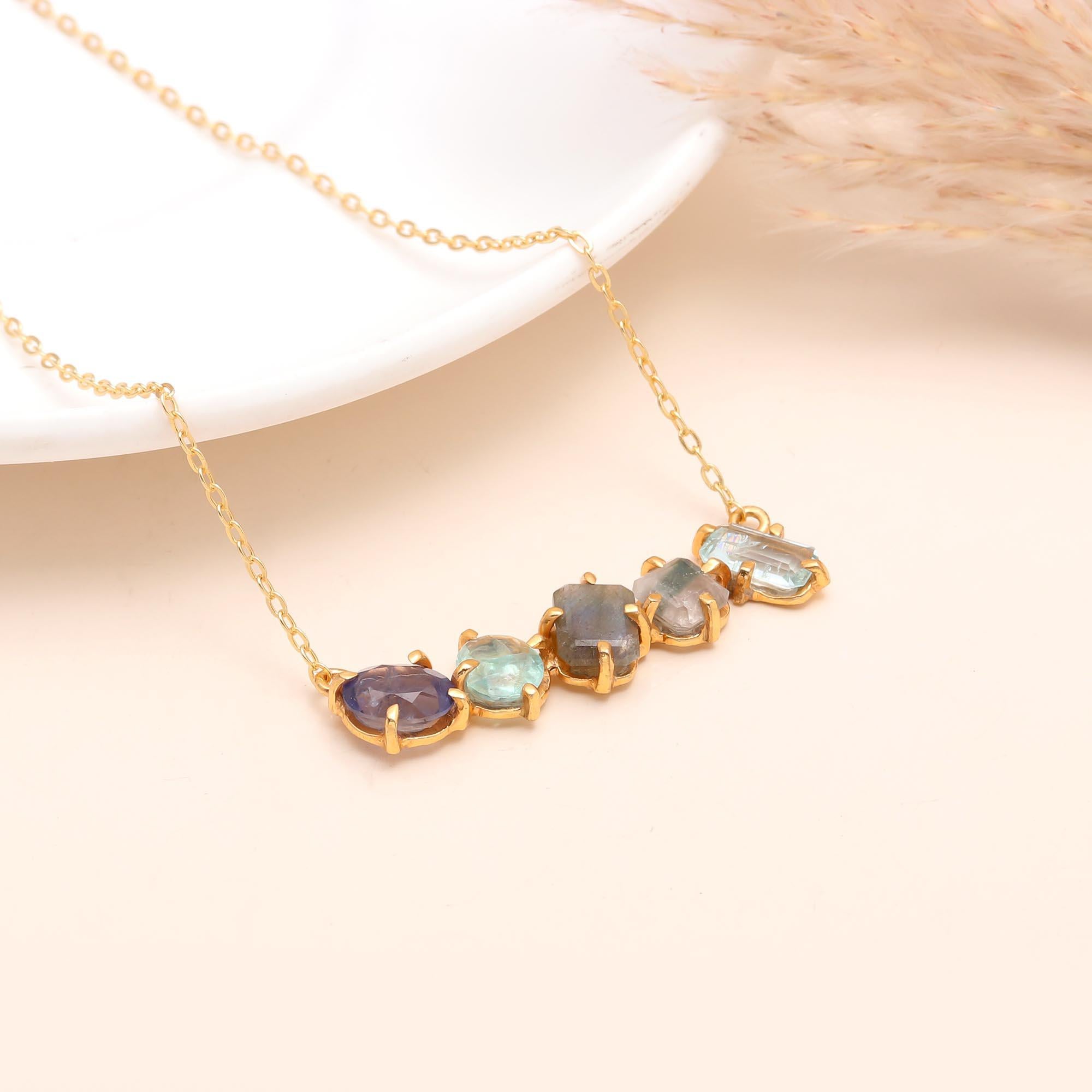 The Prism Arc: Multi-Gemstone Curved Bar Necklace