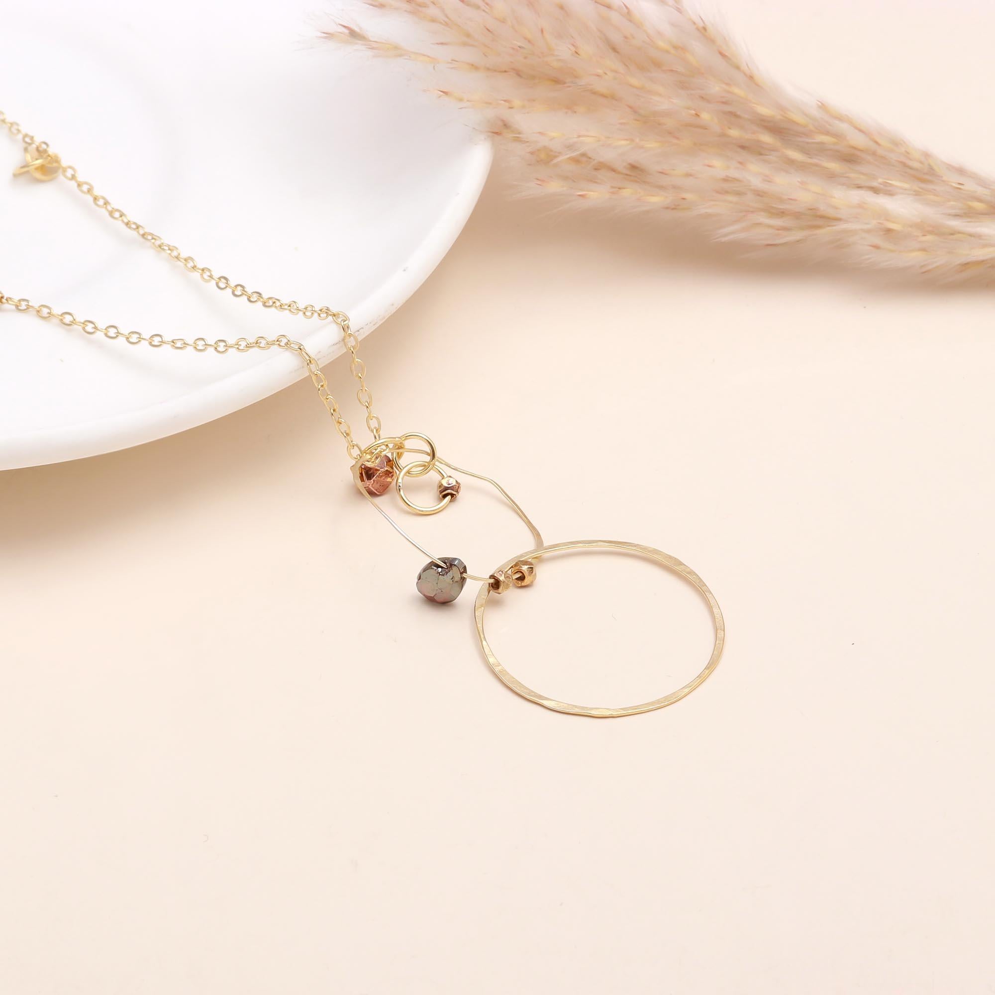 The Cosmic Orbit: Hammered Circle & Gemstone Necklace