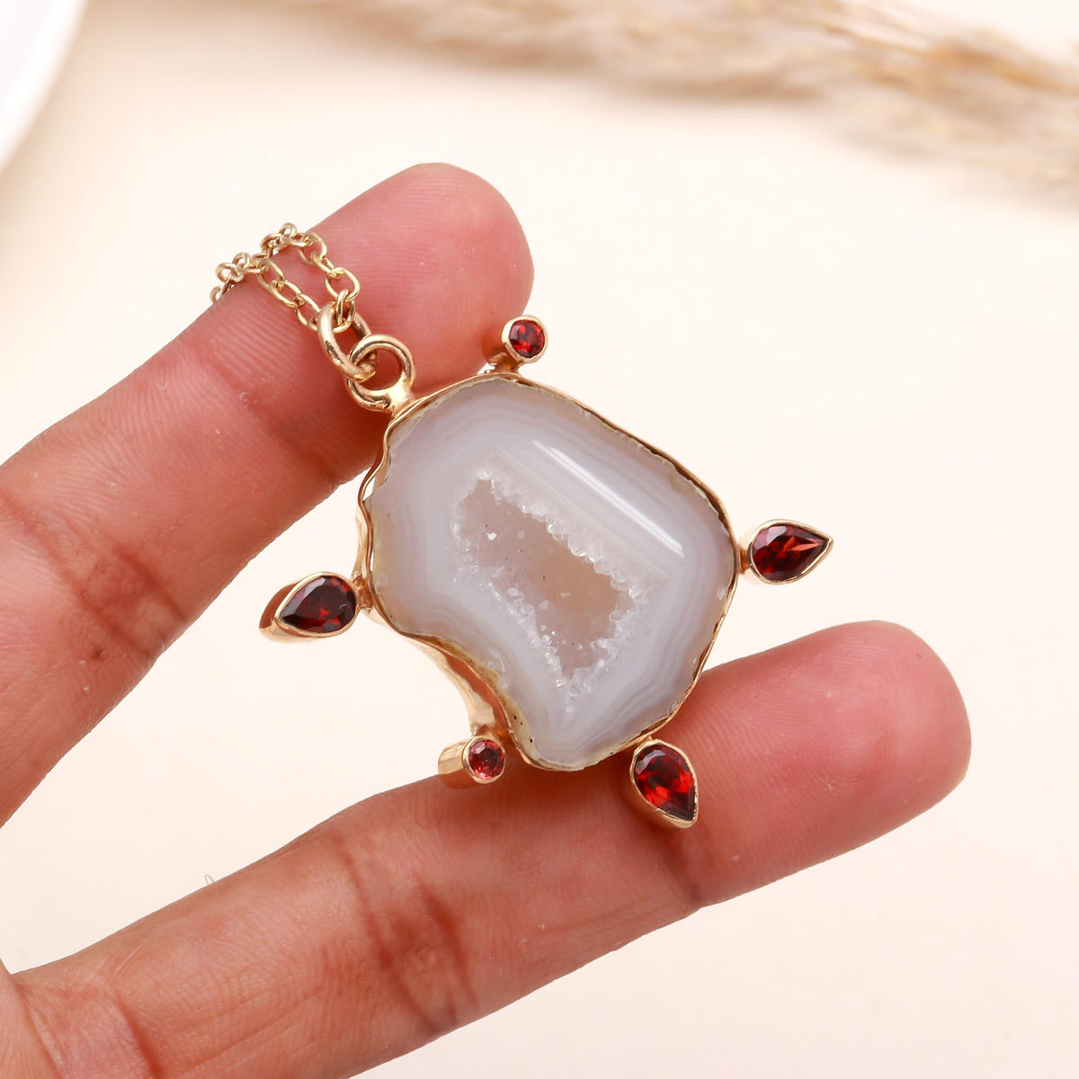 The Crystal Guardian: Agate Slice & Garnet Necklace