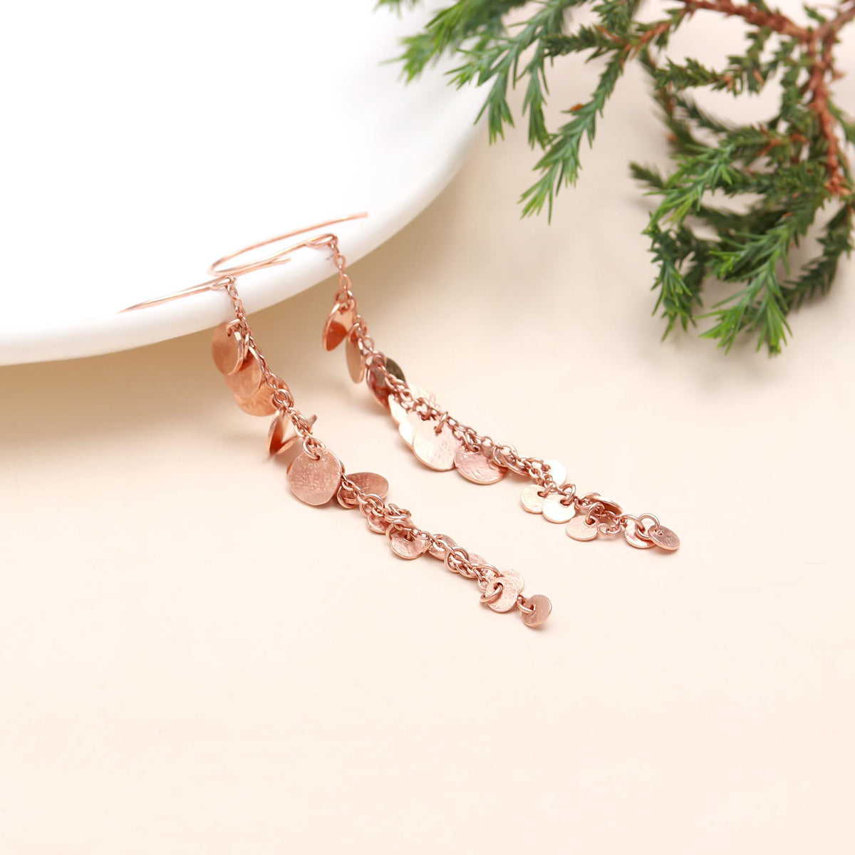 The Rose Cascade: Hammered Disc Fringe Drop Earrings