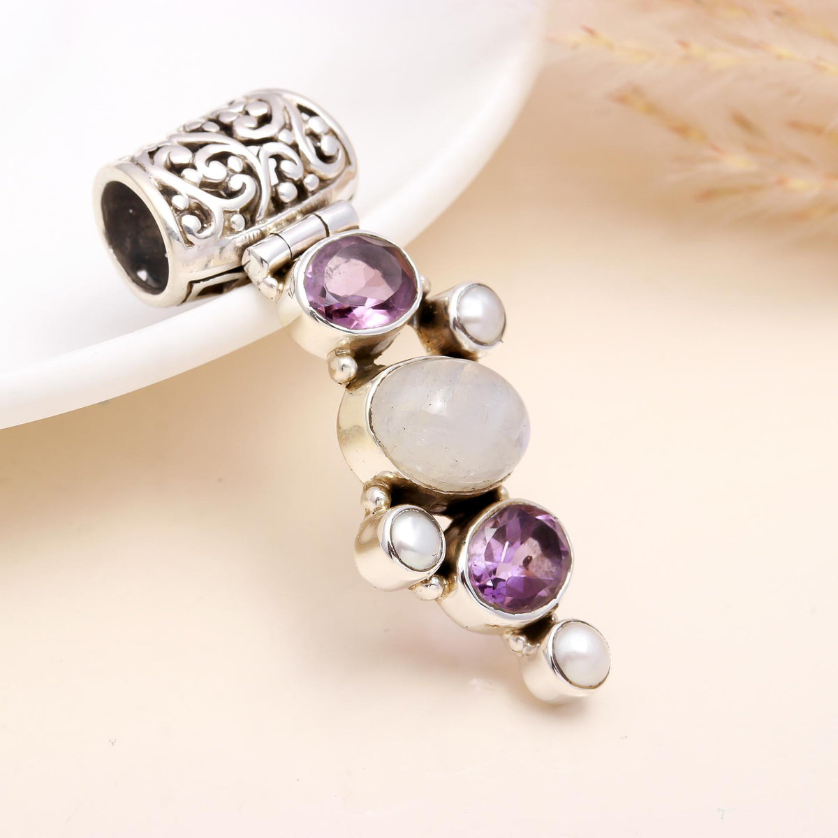 The Celestial Cascade: Amethyst & Pearl Silver Pendant