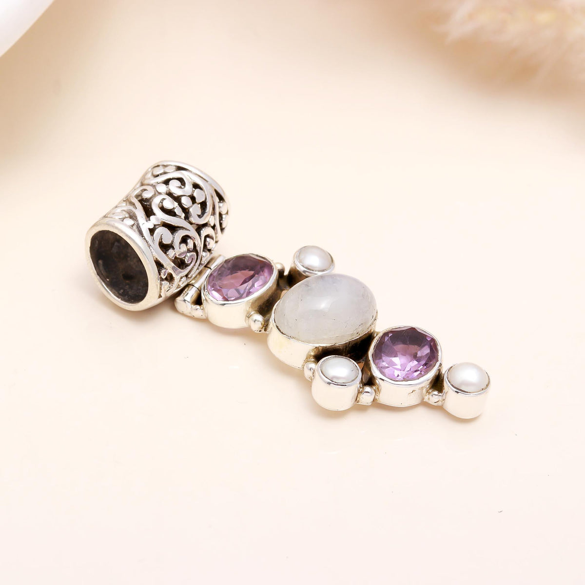 The Celestial Cascade: Amethyst & Pearl Silver Pendant