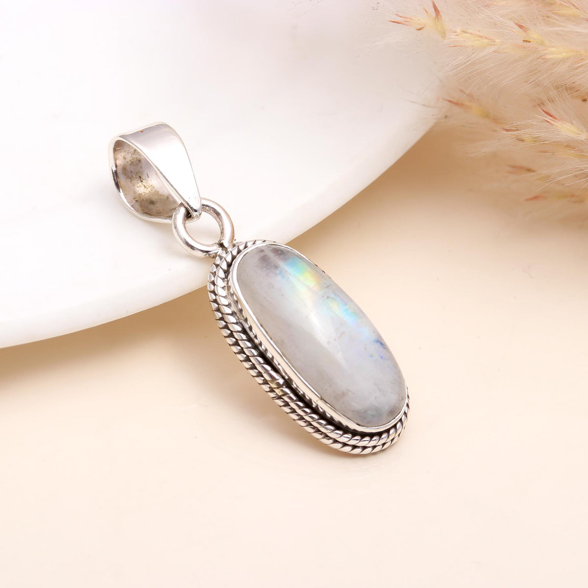 The Moonstone Horizon: Twisted Rope Silver Pendant