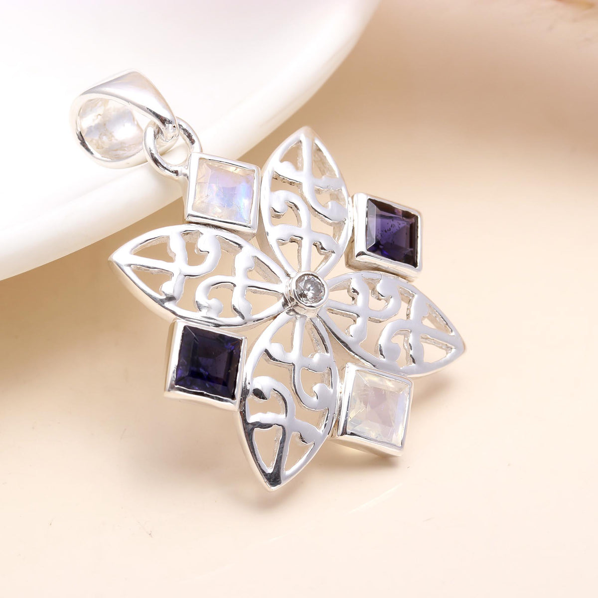 The Midnight Star: Iolite & Moonstone Silver Mandala Pendant