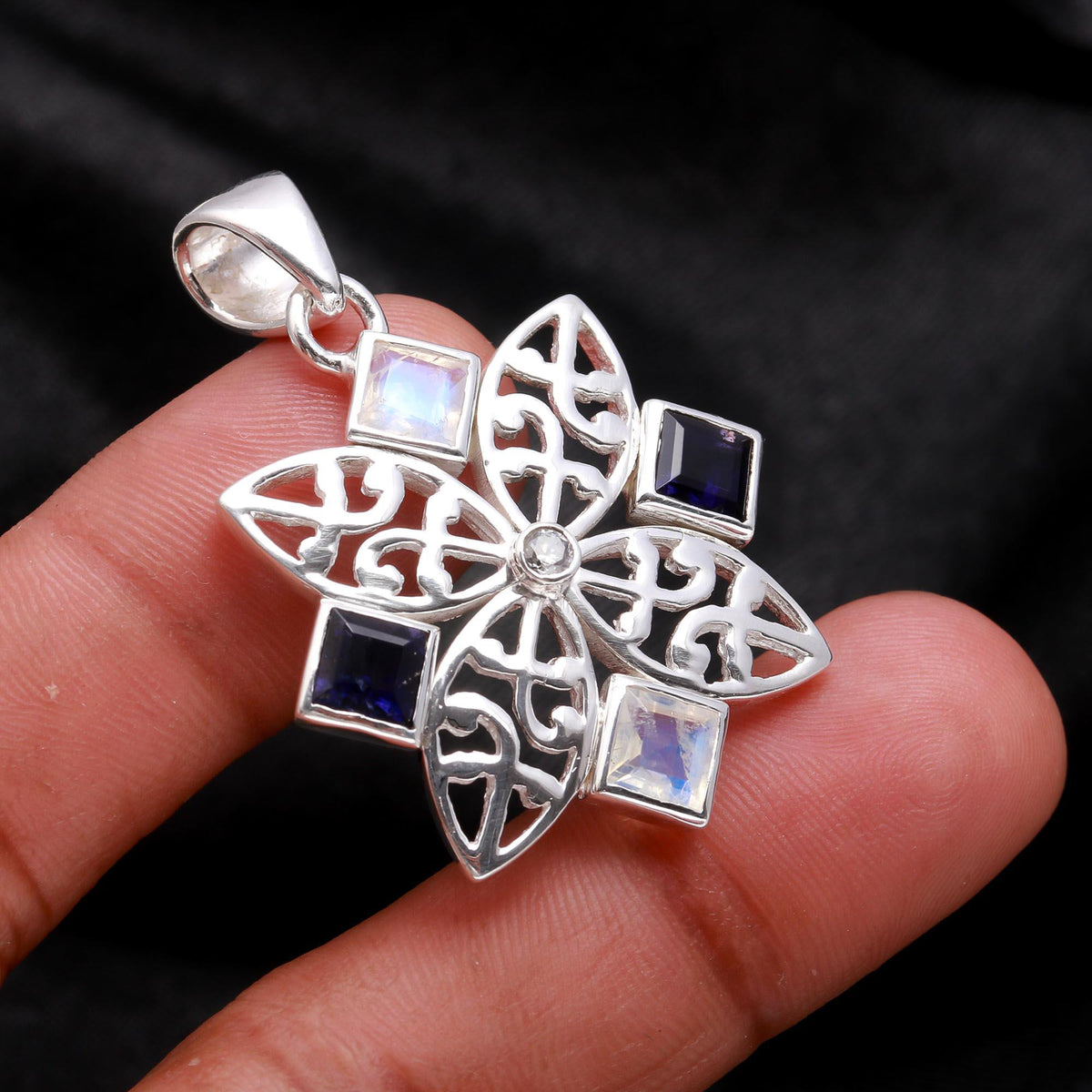 The Midnight Star: Iolite & Moonstone Silver Mandala Pendant