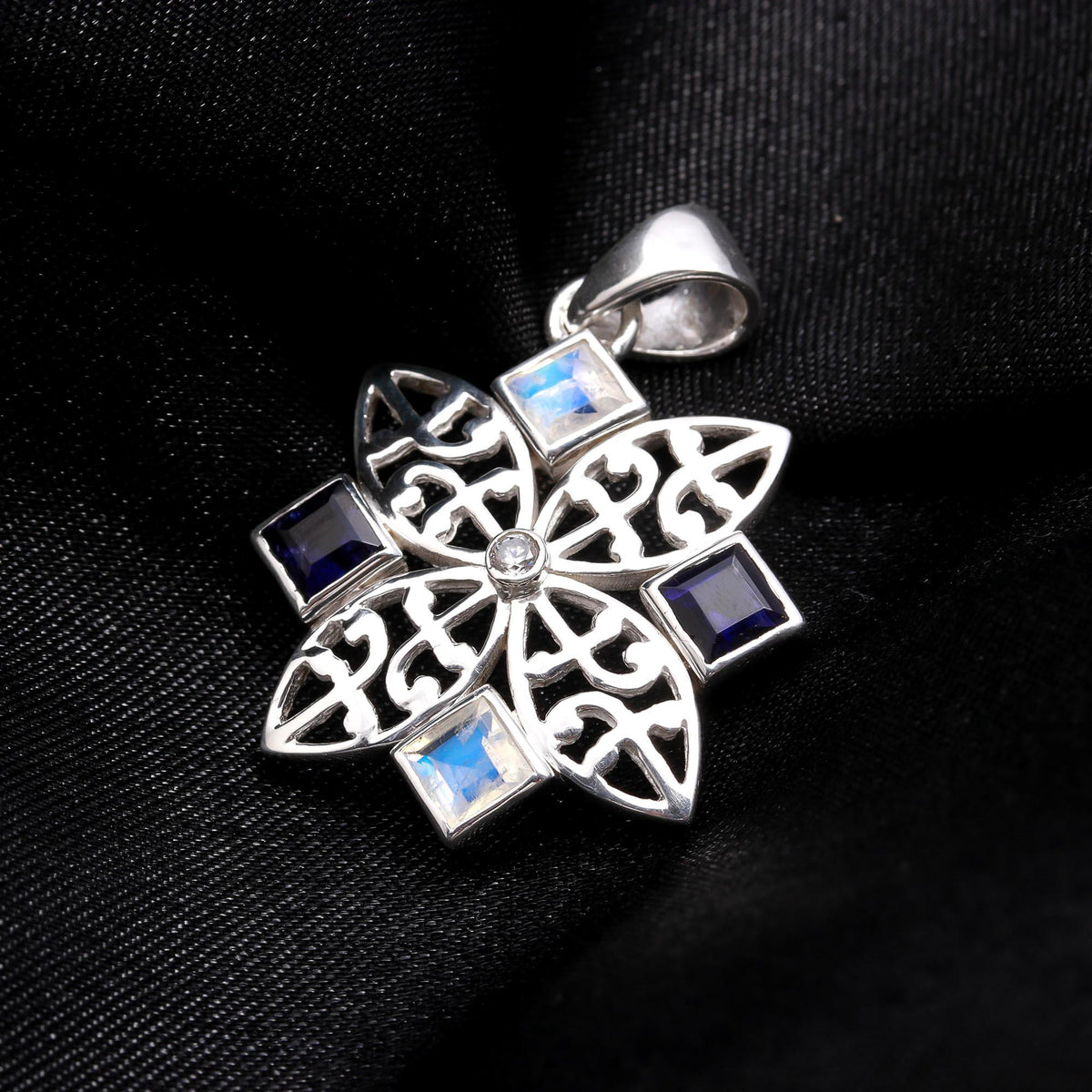 The Midnight Star: Iolite & Moonstone Silver Mandala Pendant