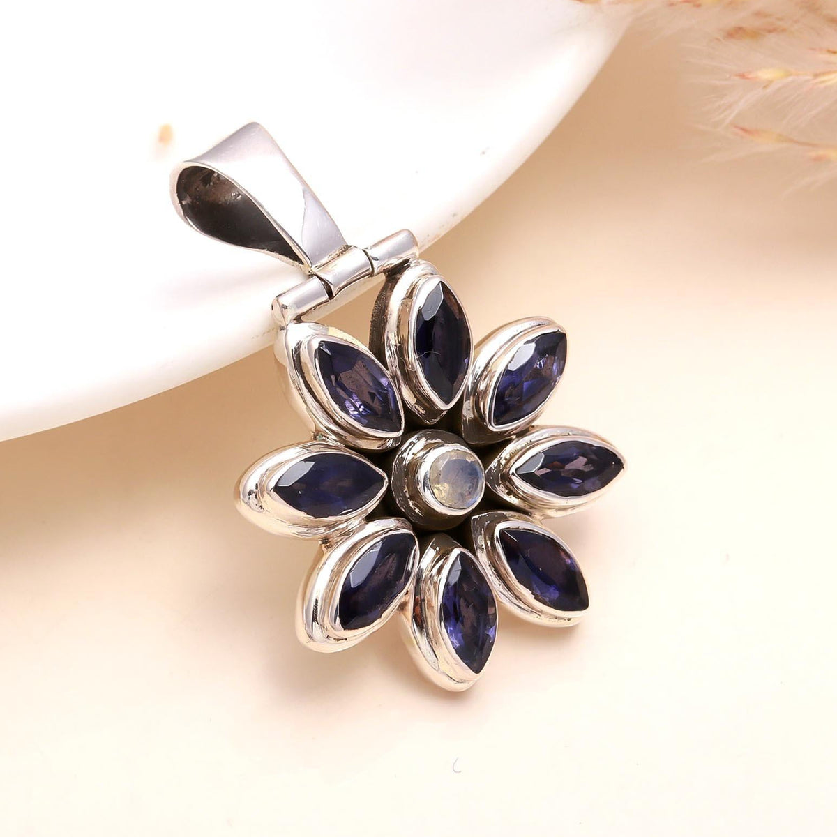 925 Sterling Silver Iolite & Moonstone Floral Pendant