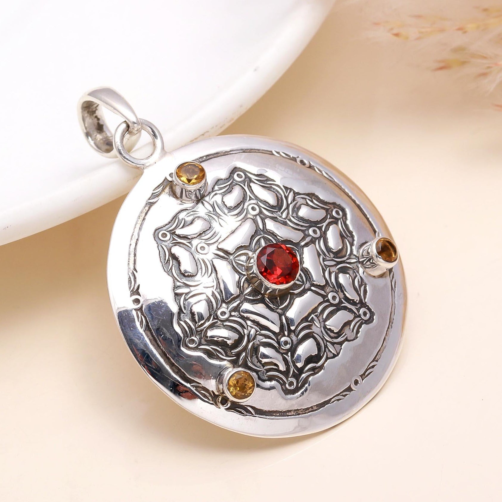925 Sterling Silver Garnet & Citrine Medallion Pendant