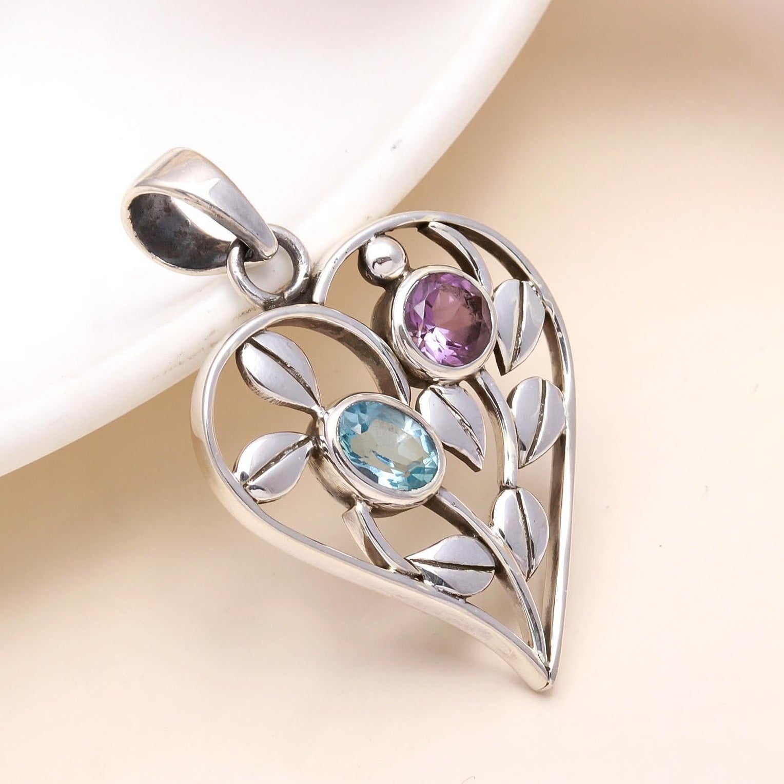 925 Sterling Silver Heart Pendant with Amethyst & Blue Topaz
