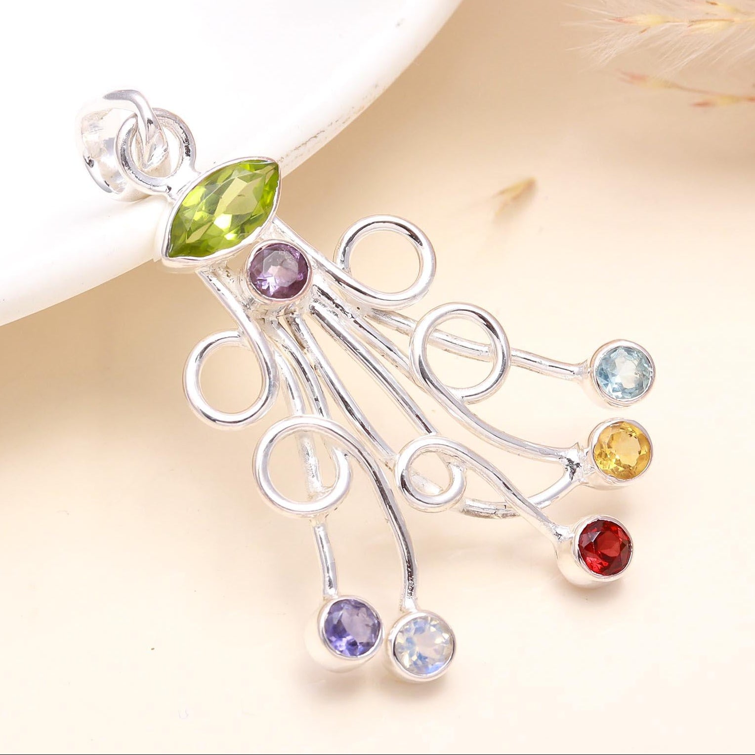 925 Sterling Silver Multi-Gemstone Pendant