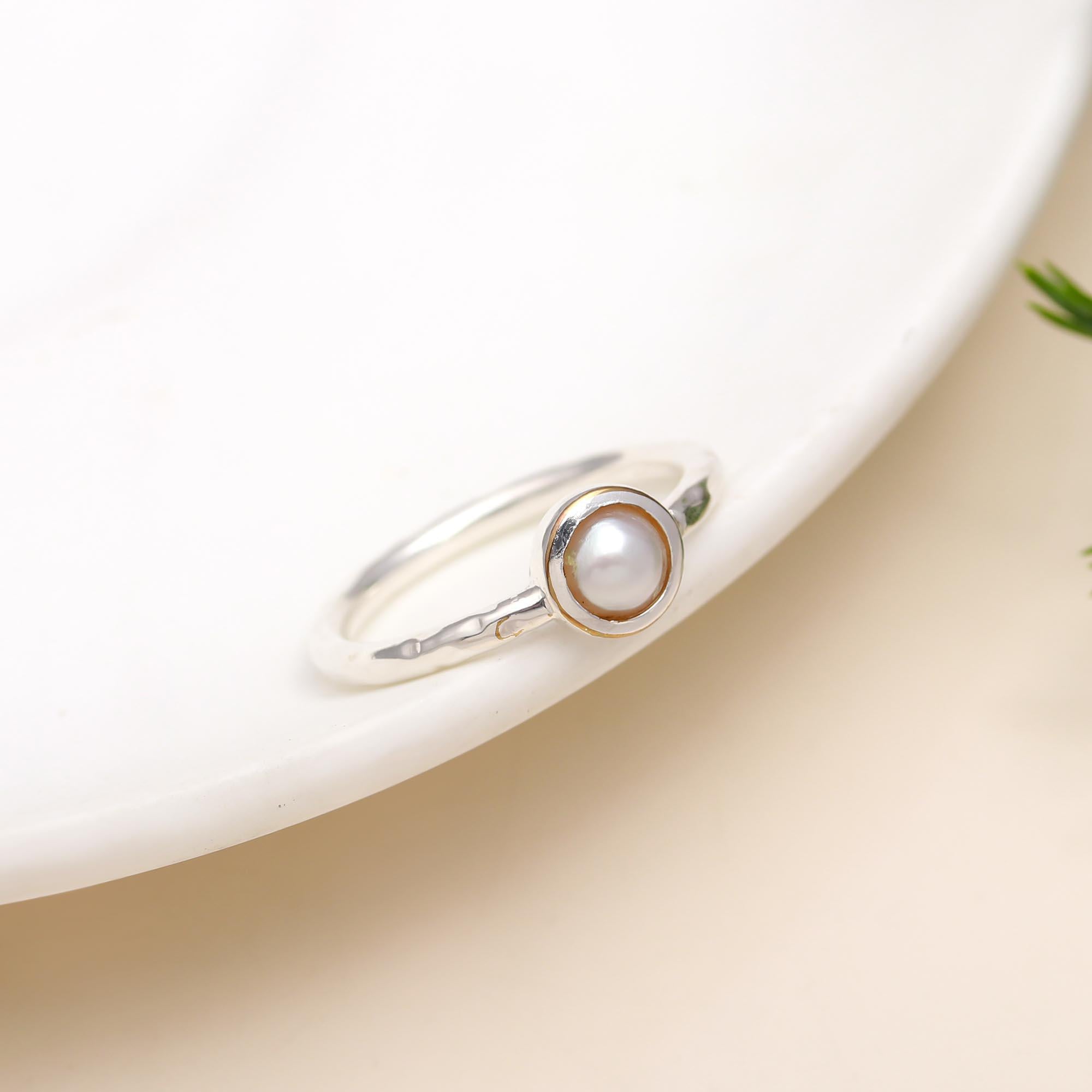 The Lunar Dot: Pearl Hammered Silver Solitaire Ring