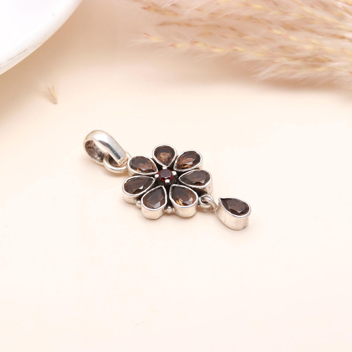 925 Sterling Silver Smoky Quartz & Garnet Flower Pendant