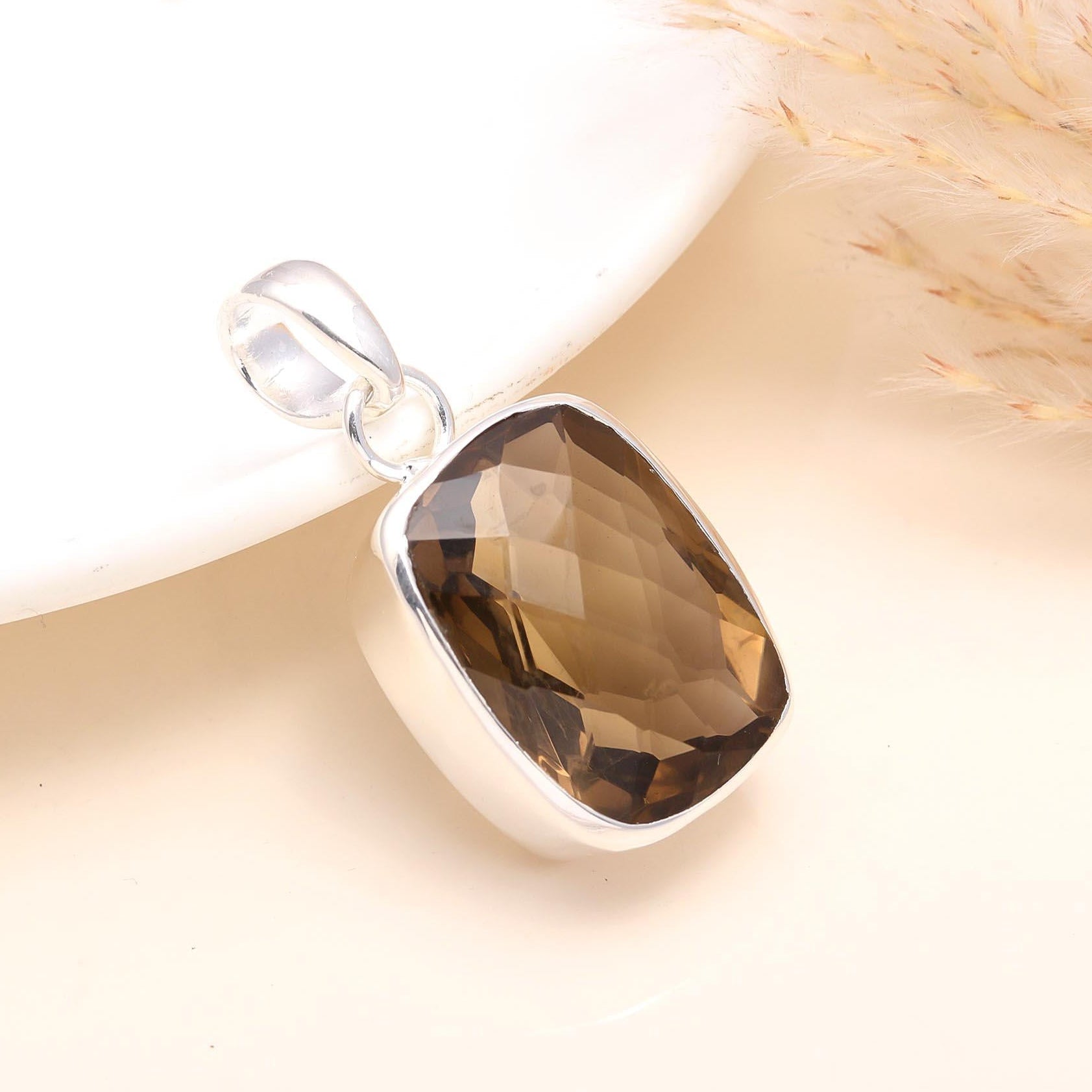 925 Sterling Silver Smoky Quartz Cushion-Cut Gemstone Pendant