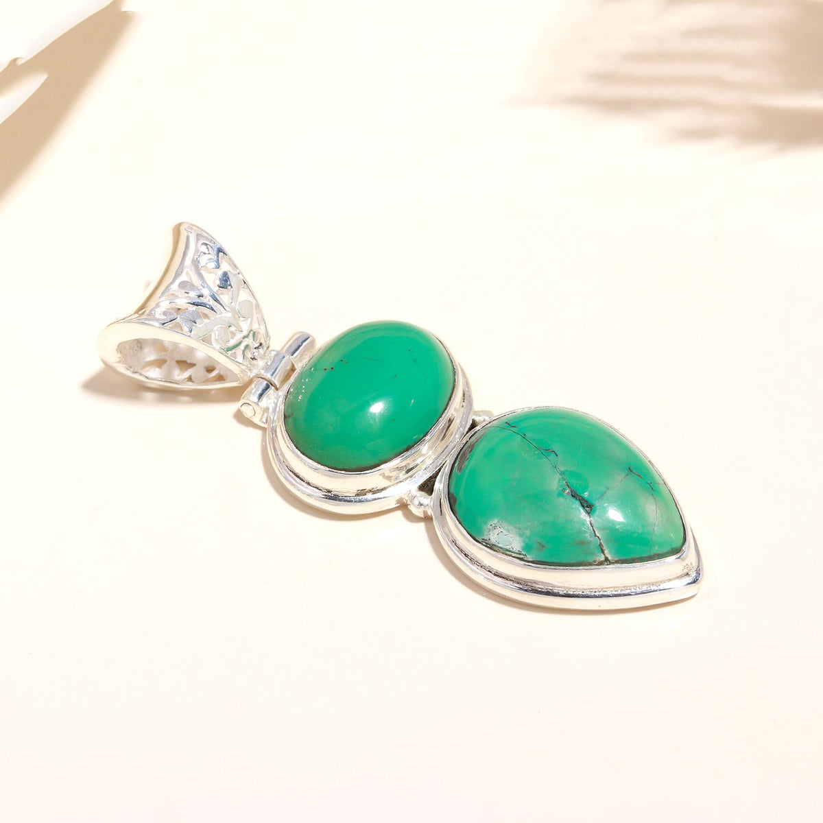 925 Sterling Silver Double Stone Green Turquoise Pendant