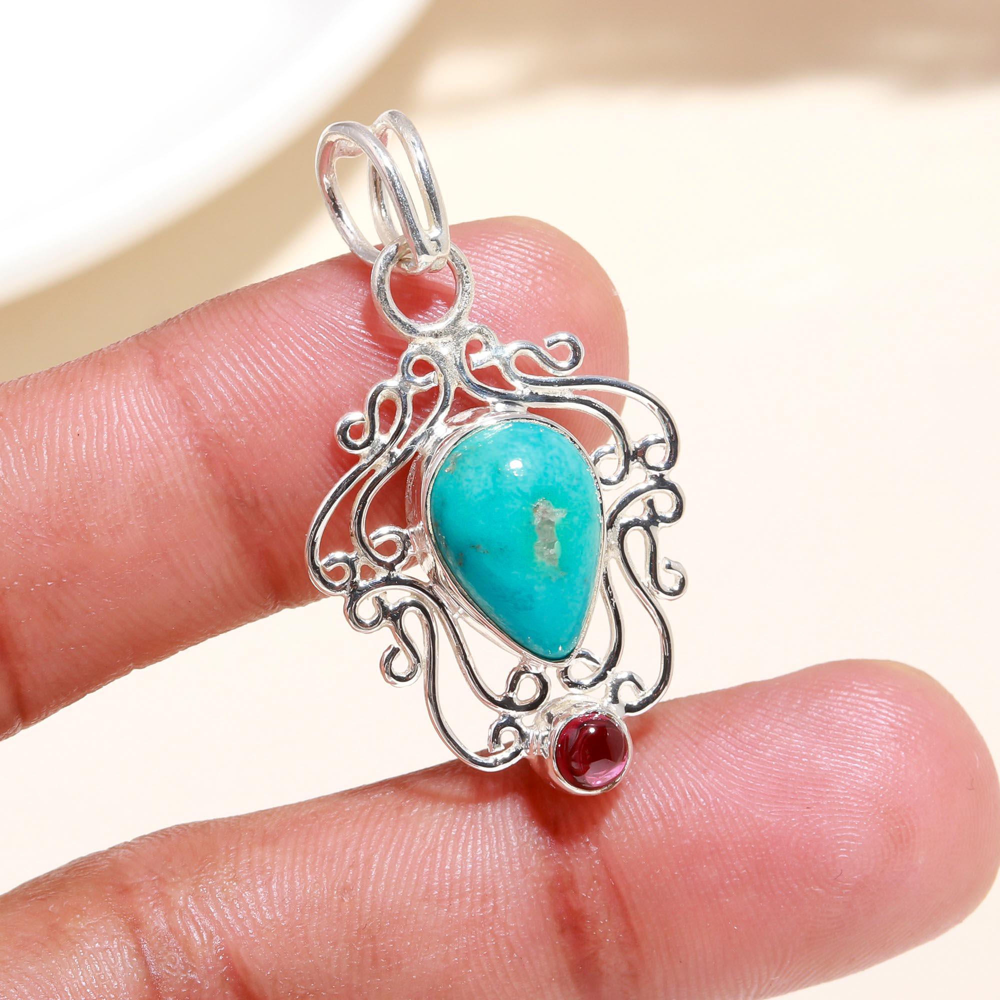 925 Sterling Silver Handmade Turquoise & Garnet Filigree Pendant
