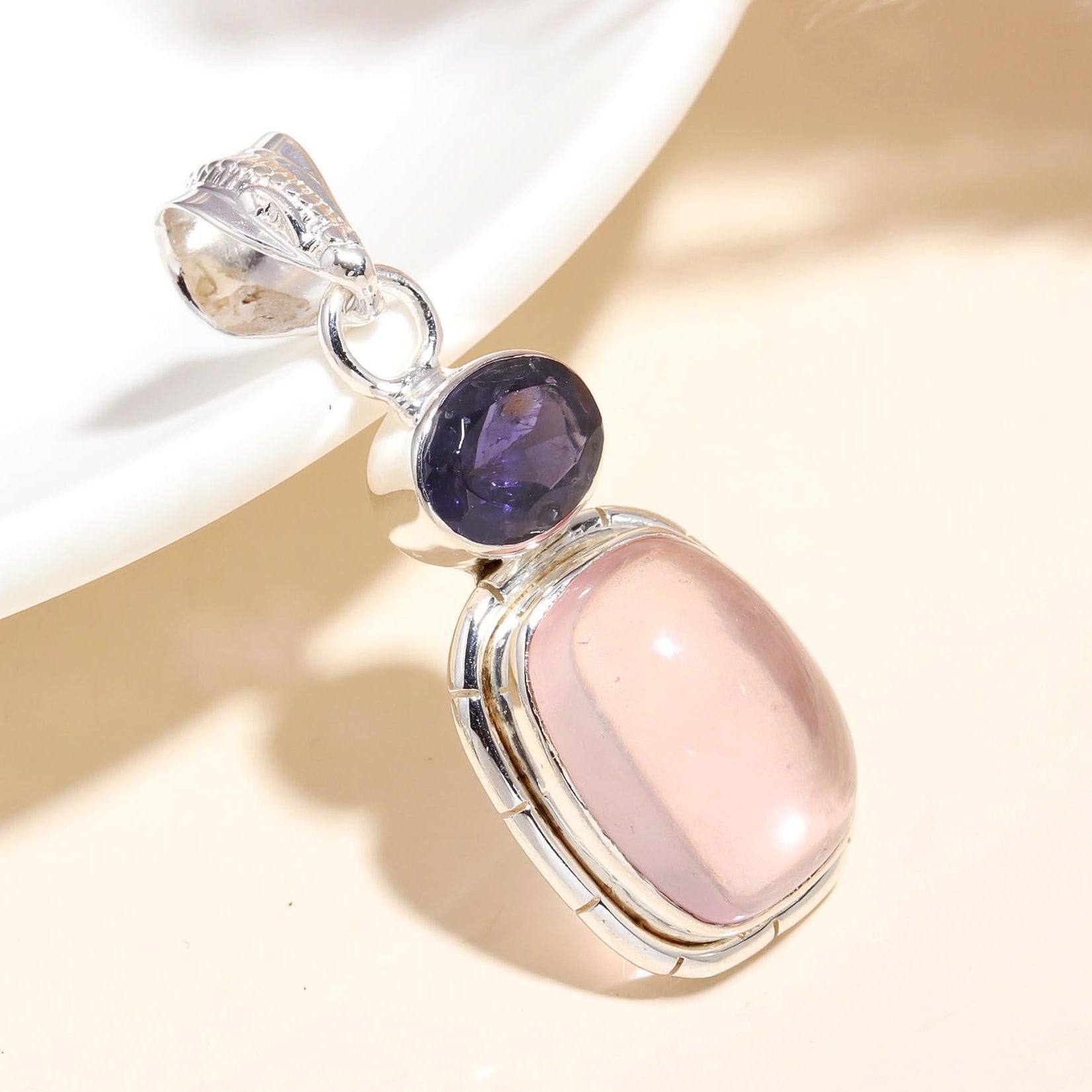 925 Sterling Silver Rose Quartz & Iolite Pendant