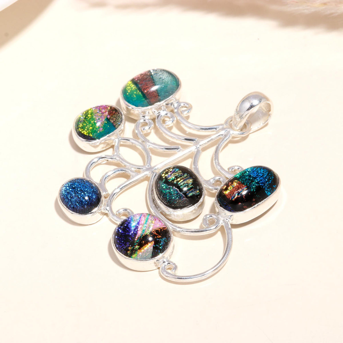 925 Sterling Silver Handmade Dichroic Glass filigree Pendant
