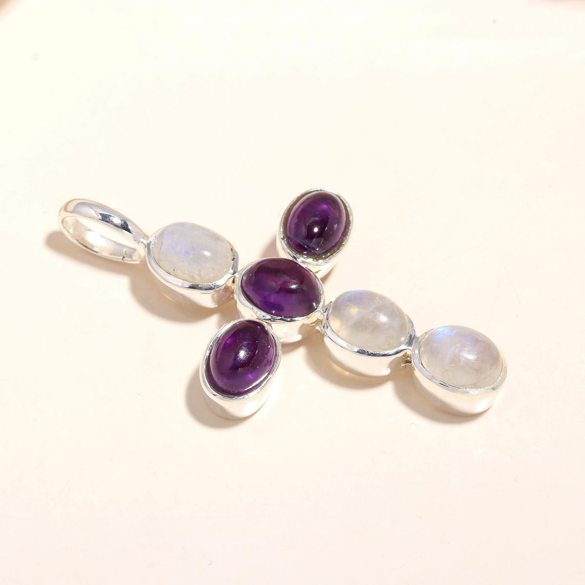 925 Sterling Silver Handmade Amethyst & Moonstone Cross Pendant