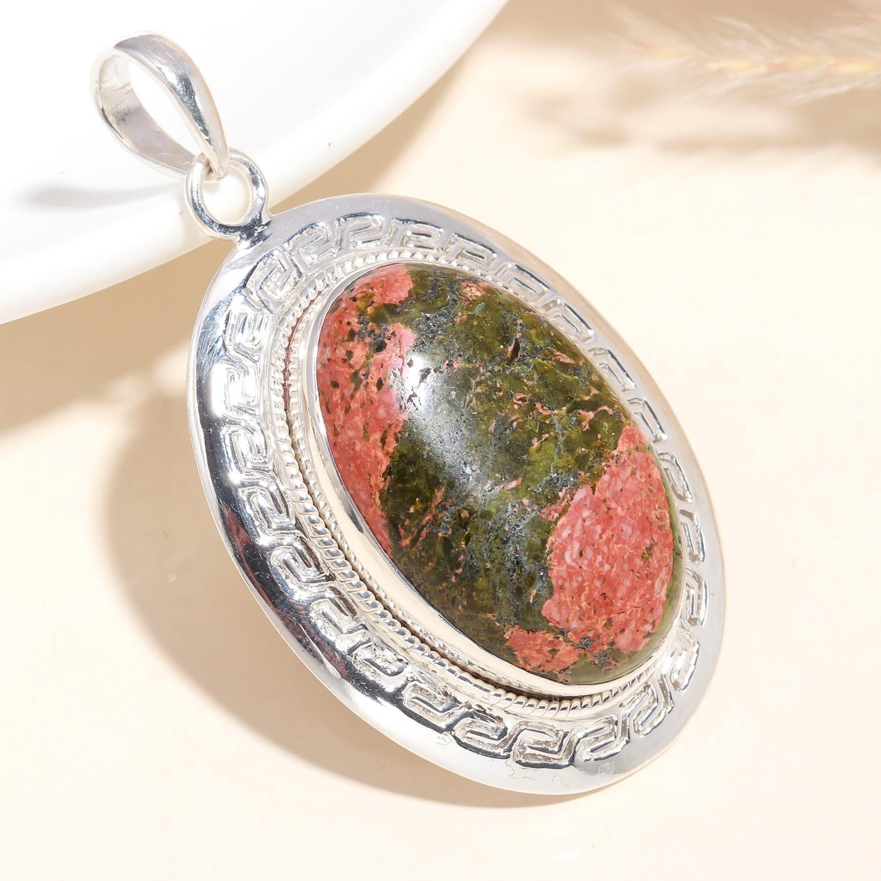 925 Sterling Silver Pendant with an oval-cut Unakite gemstone, featuring earthy green and warm pink hues, with a handcrafted, high-quality sterling silver setting.