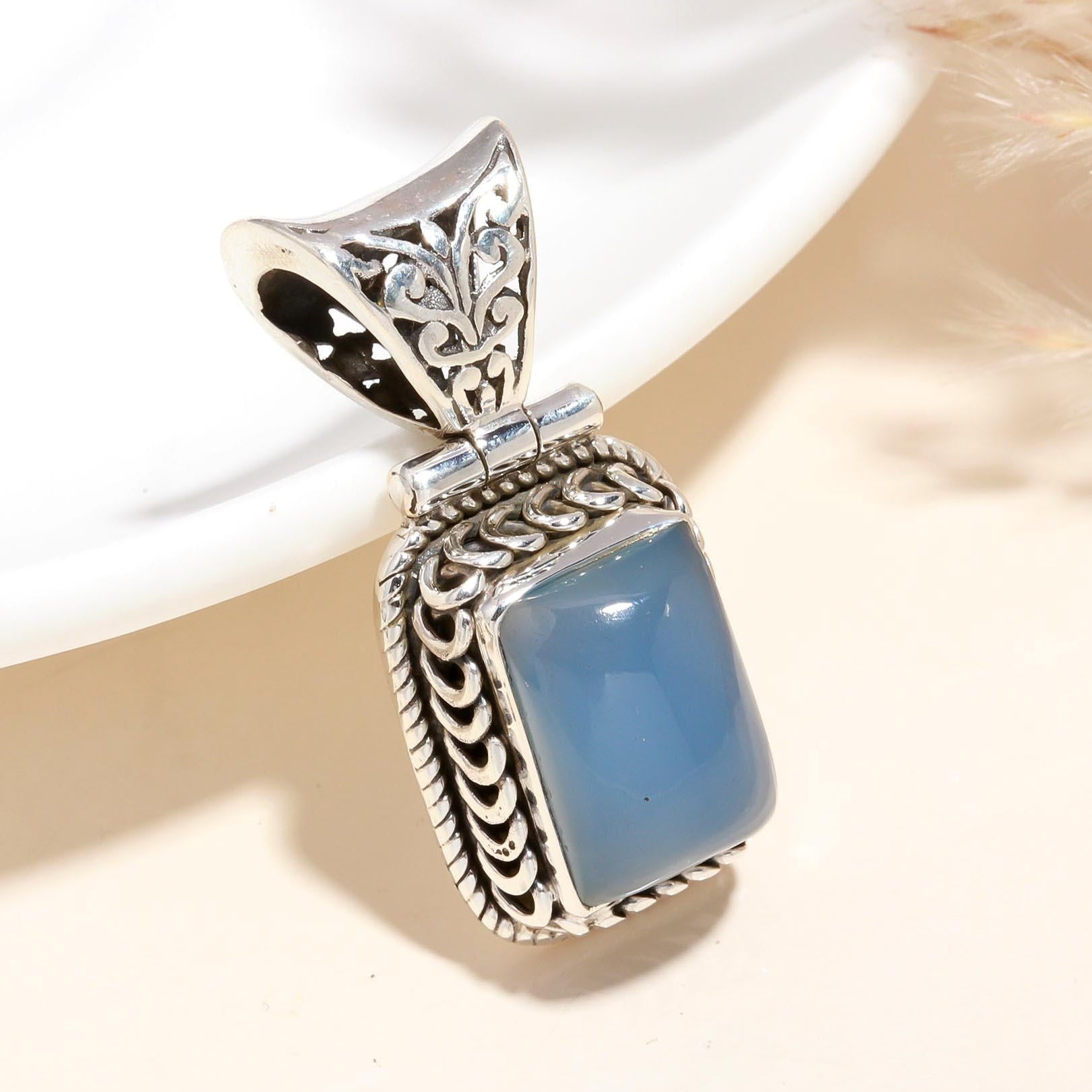 925 Sterling Silver Vintage Blue Chalcedony Rectangle Boho Pendant