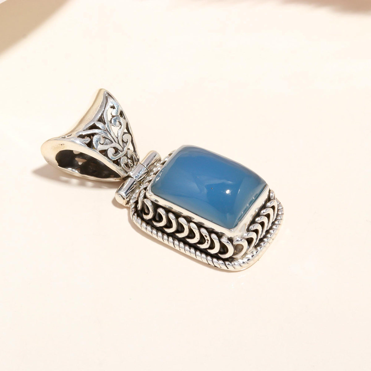 925 Sterling Silver Vintage Blue Chalcedony Rectangle Boho Pendant