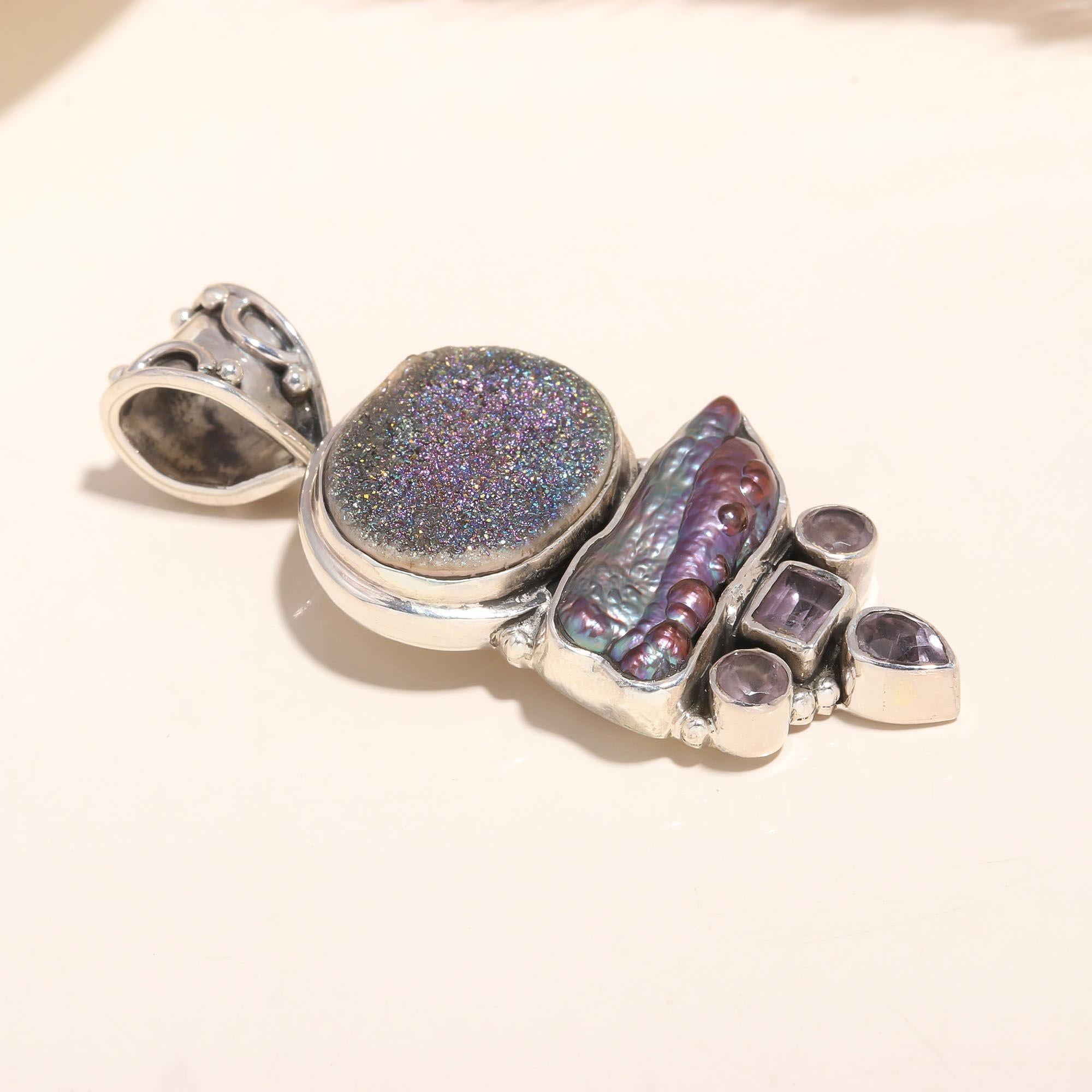 925 Sterling Silver Drusy & Abalone Shell Pendant