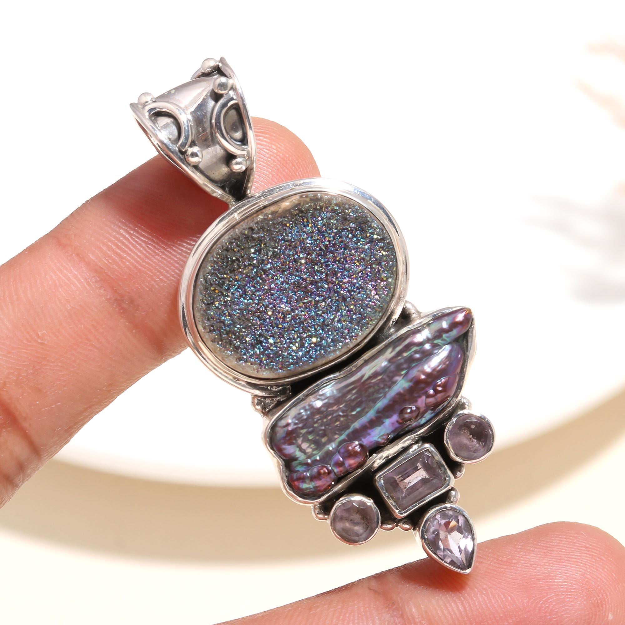 925 Sterling Silver Drusy & Abalone Shell Pendant