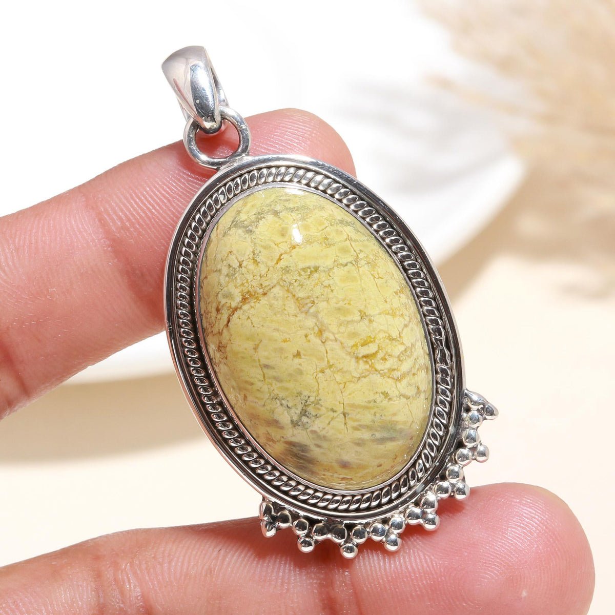 925 Sterling Silver Yellow Jasper Oval Pendant