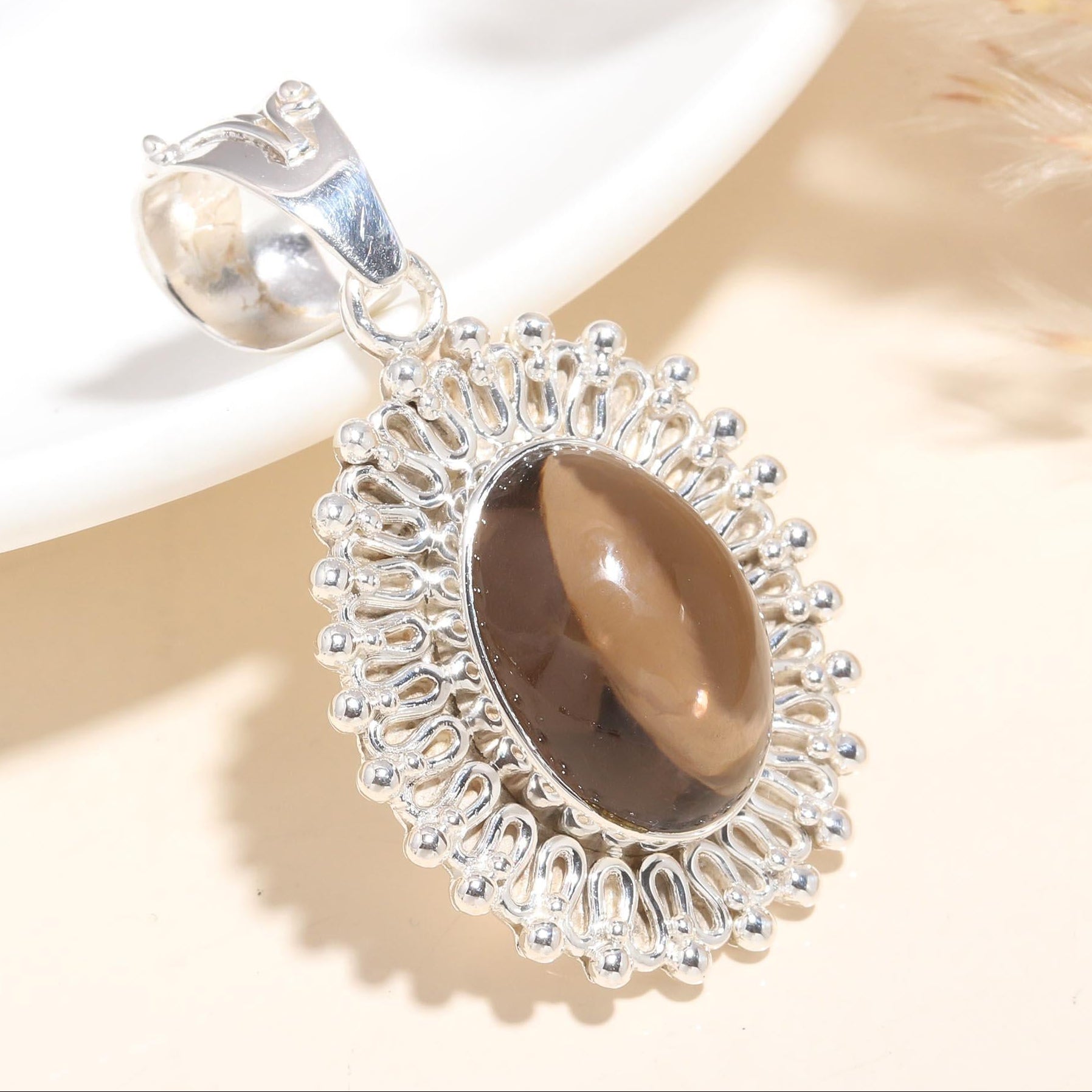 925 Sterling Silver Handmade Vintage Smoky Quartz Statement Pendant