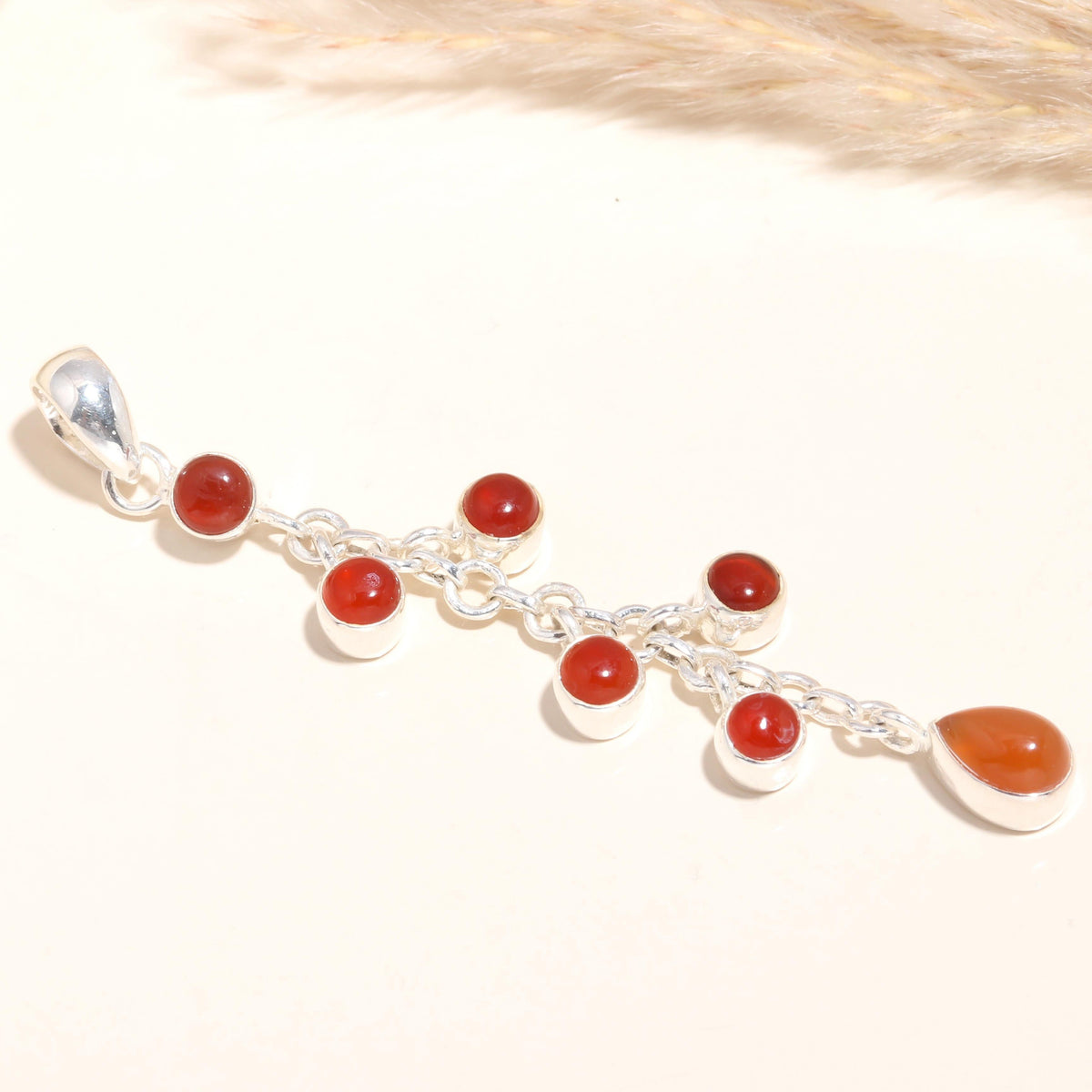 925 Sterling Silver Unique Multi-Stone Red Carnelian Dangle Pendant