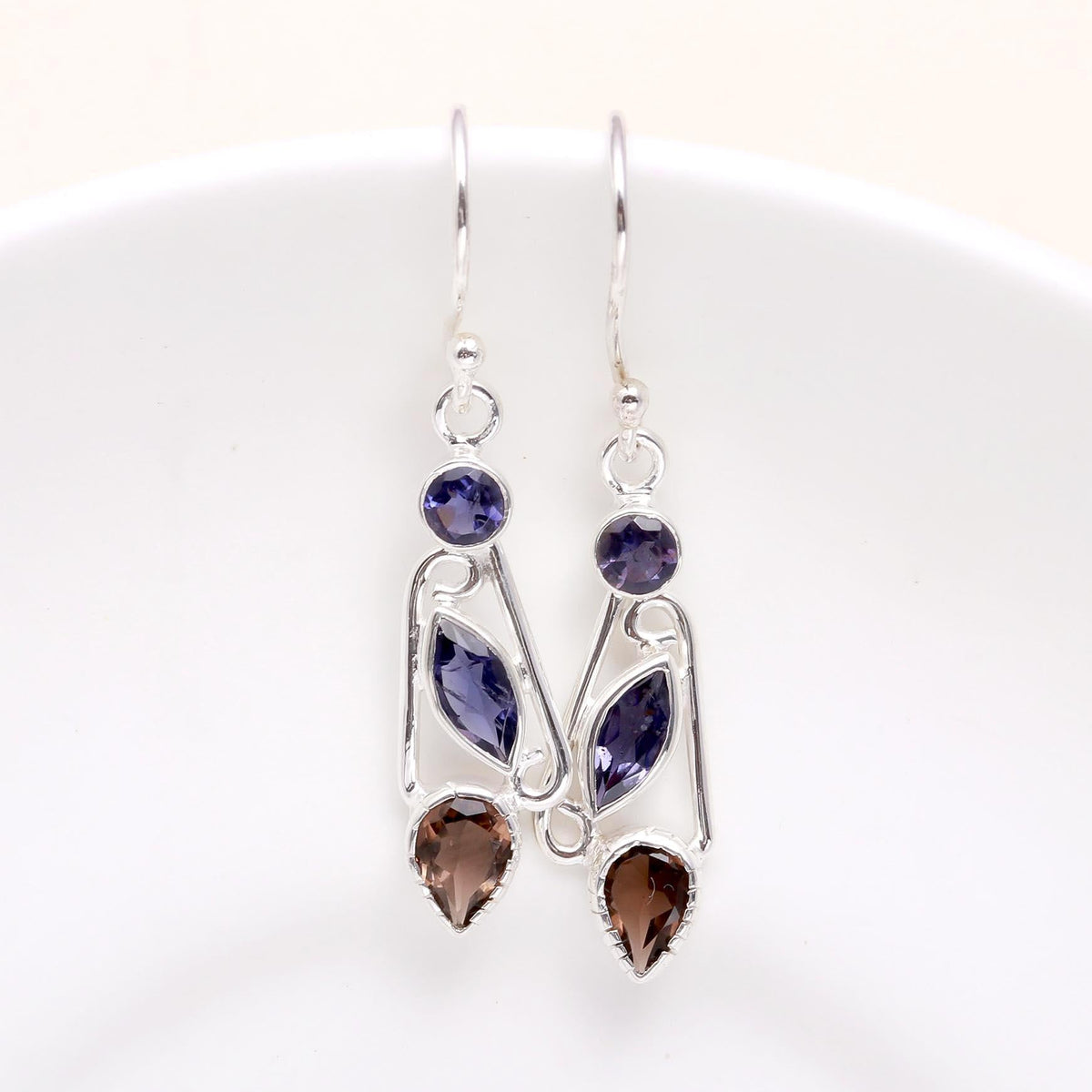 925 Sterling Silver Iolite & Smoky Quartz Dangle Earrings