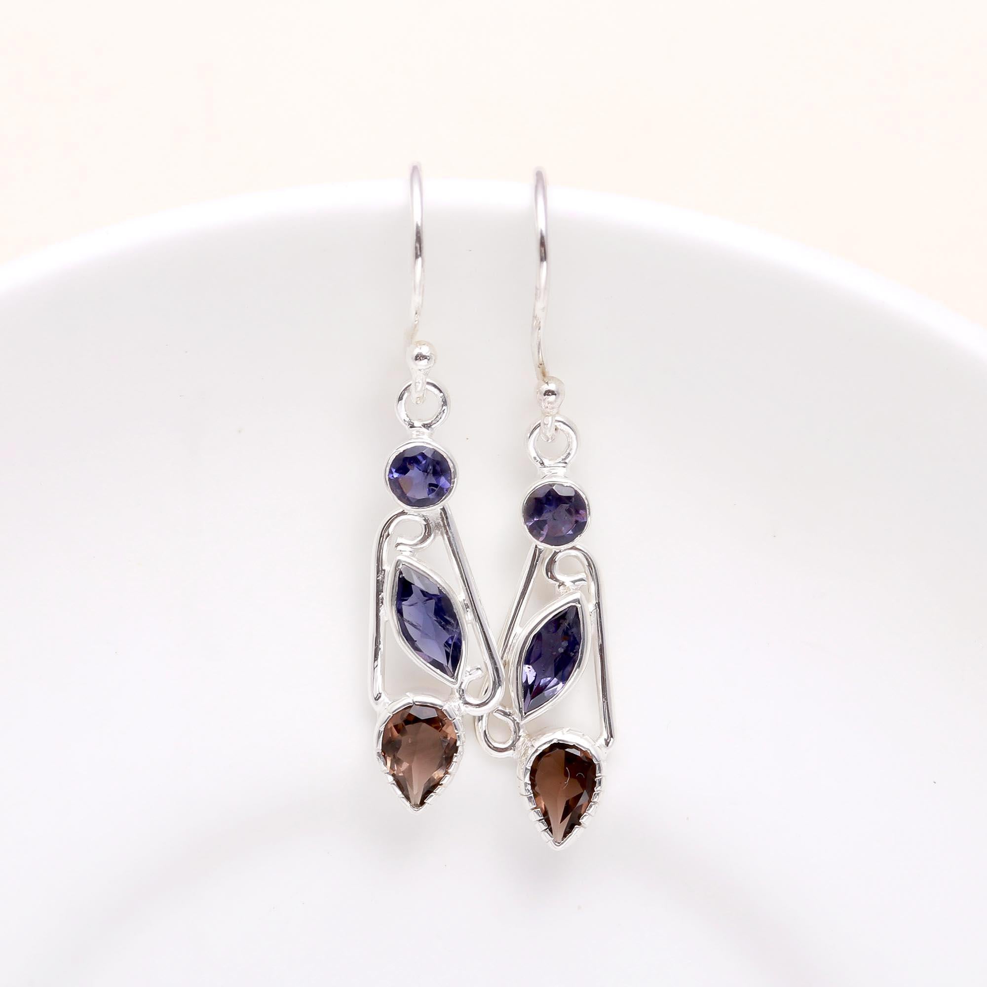 925 Sterling Silver Iolite & Smoky Quartz Dangle Earrings
