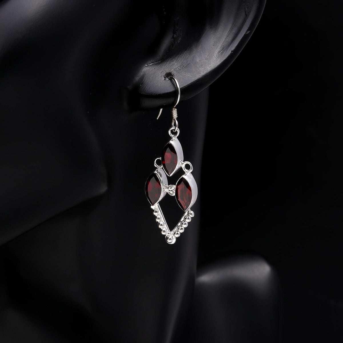 925 Sterling Silver Boho Vintage Handmade Garnet Dangle Earrings