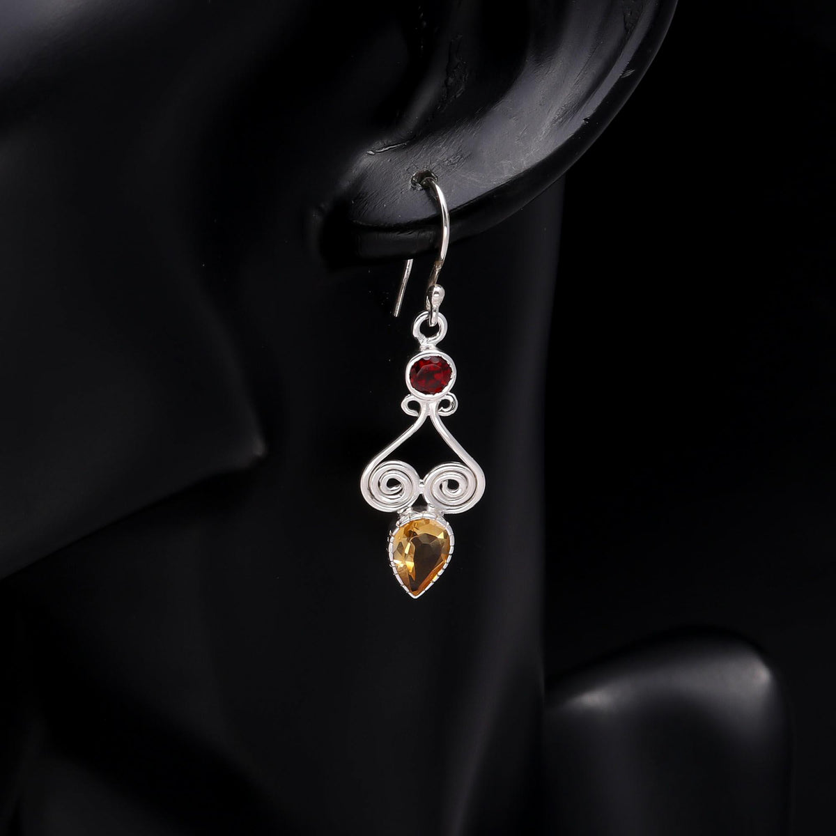 925 Sterling Silver Garnet & Citrine Vintage Filigree Dangle Earrings