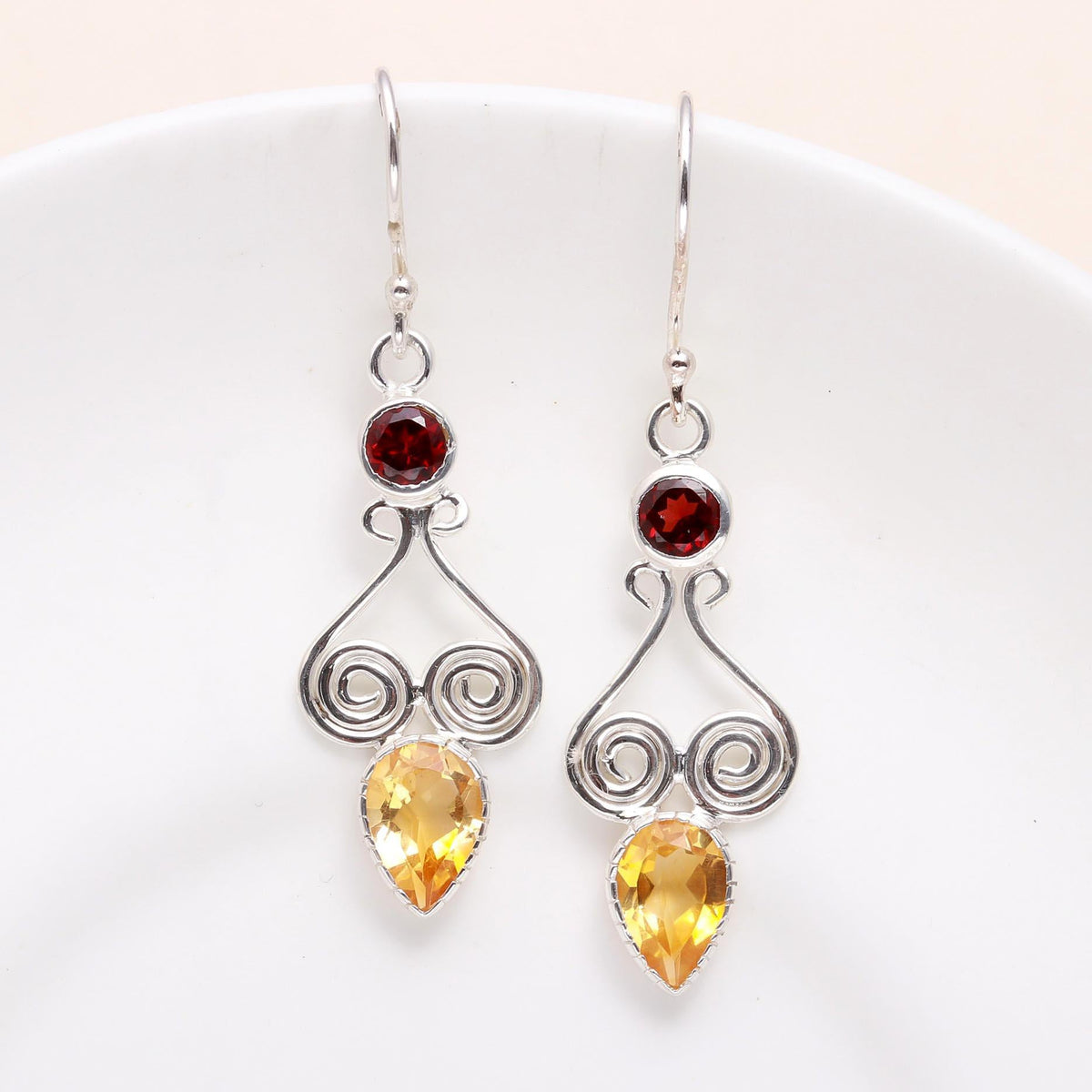 925 Sterling Silver Garnet & Citrine Vintage Filigree Dangle Earrings