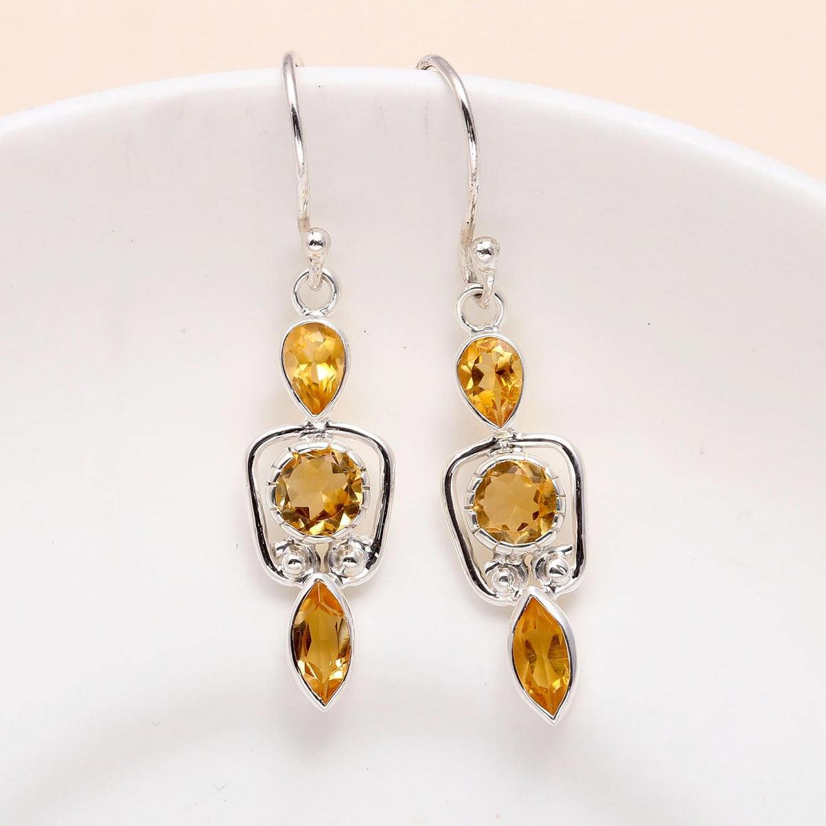 925 Sterling Silver Citrine Unique Dangle Earrings