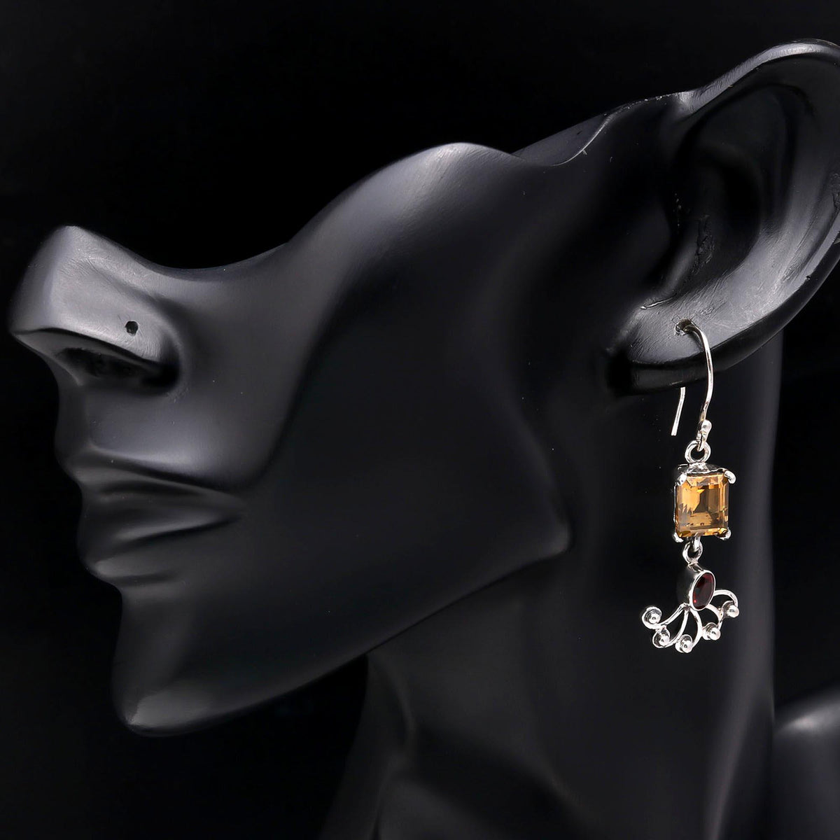 925 Sterling Silver Citrine & Garnet Filigree Dangle Earrings