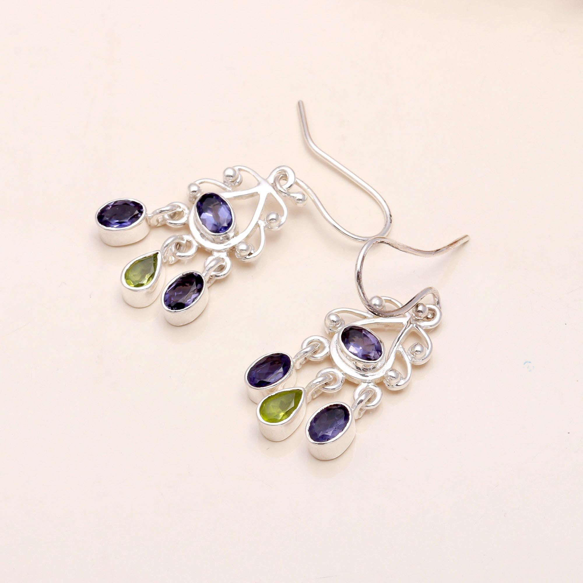 925 Sterling Silver Iolite & Peridot Chandelier Earrings