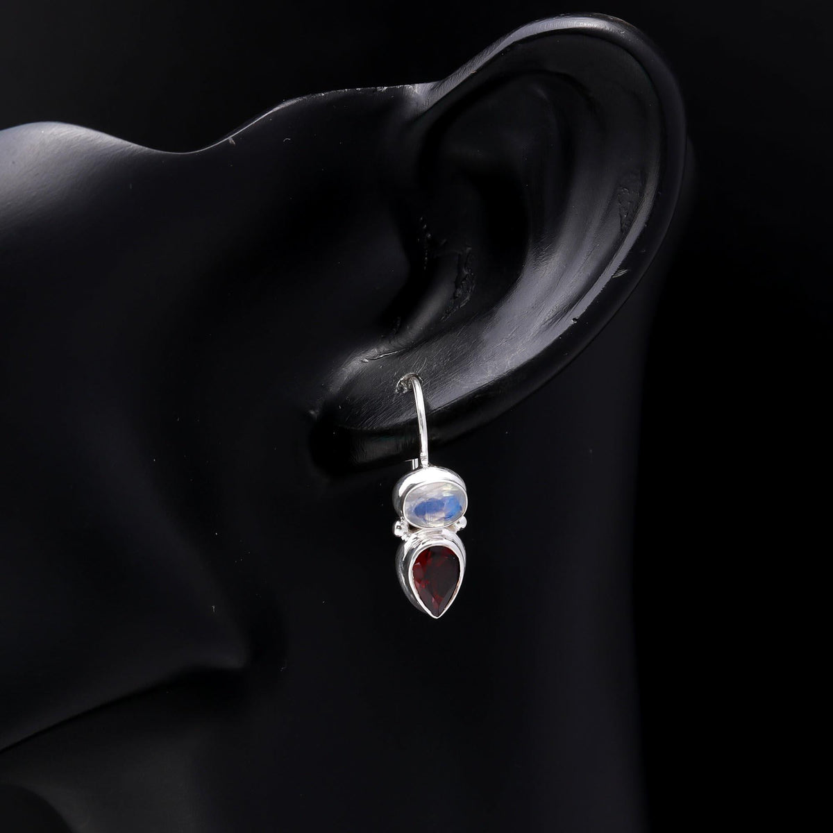 925 Sterling Silver Garnet & Moonstone Dangle Earrings