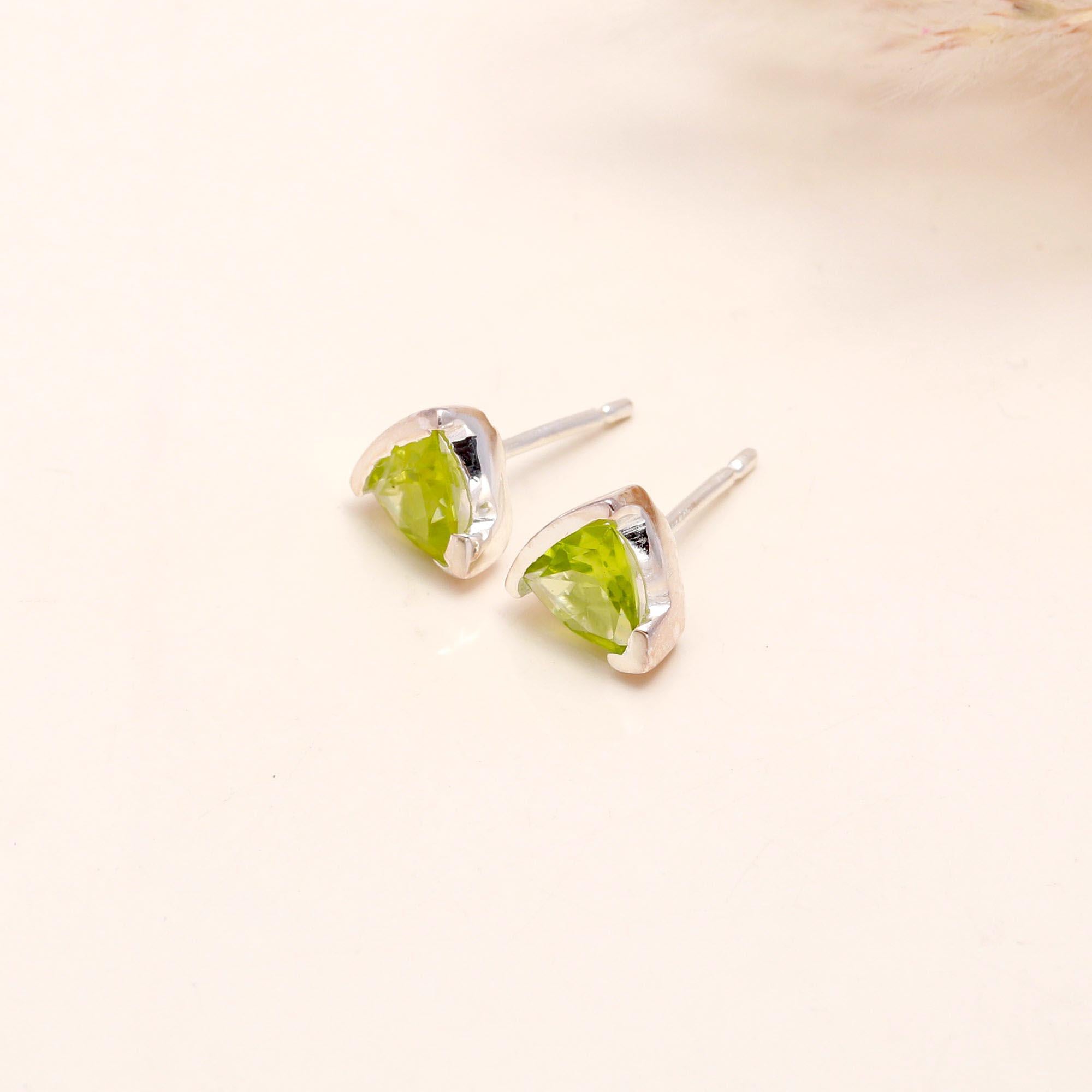 925 Sterling Silver Trillion Cut Peridot Stud Earrings