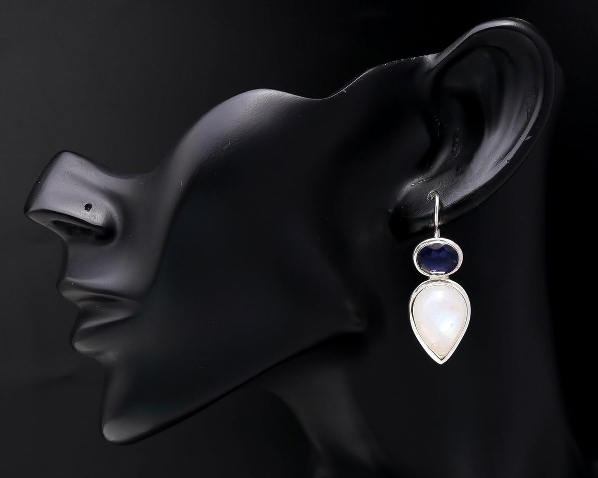 925 Sterling Silver Handmade Moonstone & Amethyst Dangle Earrings