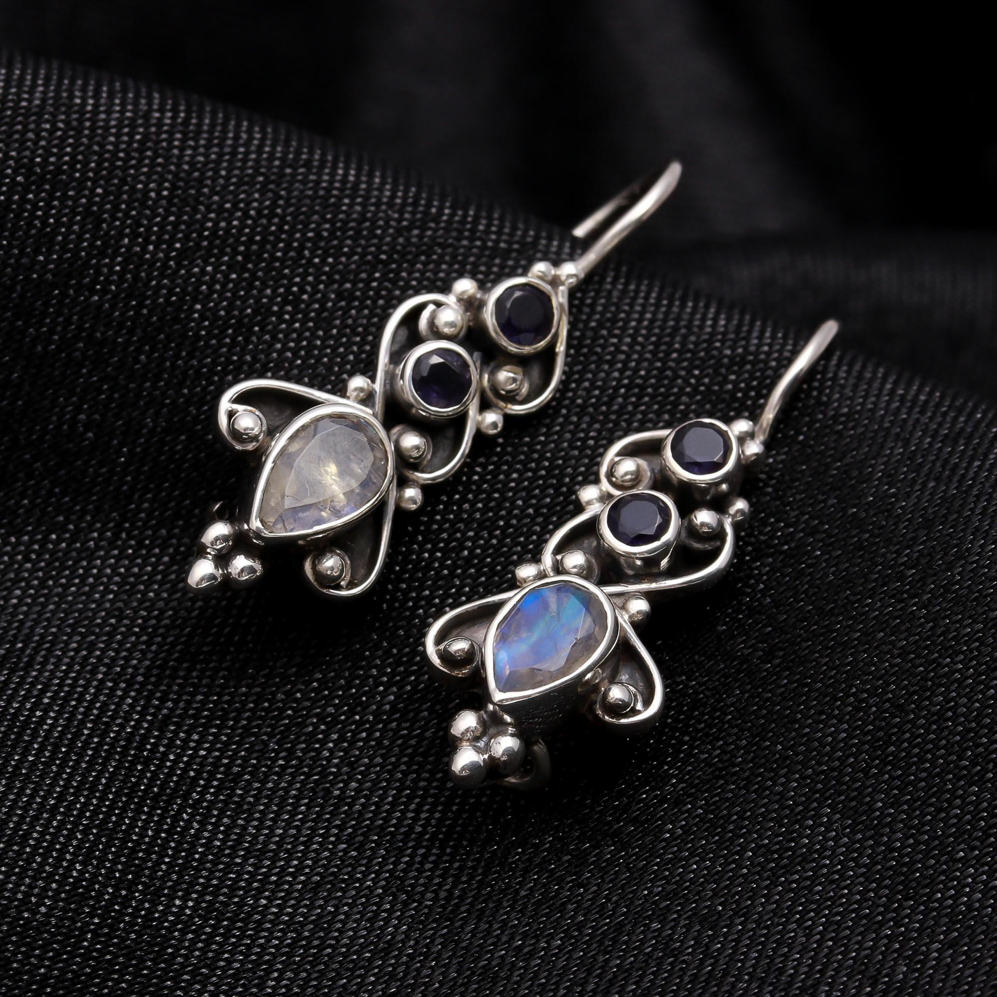 925 Sterling Silver Moonstone & Iolite Dangle Earrings