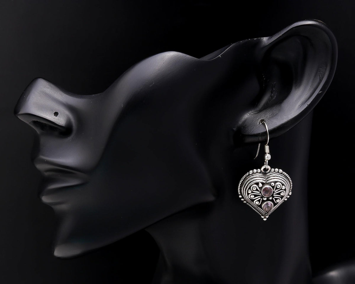 925 Sterling Silver Amethyst Vintage Heart Dangle Earrings