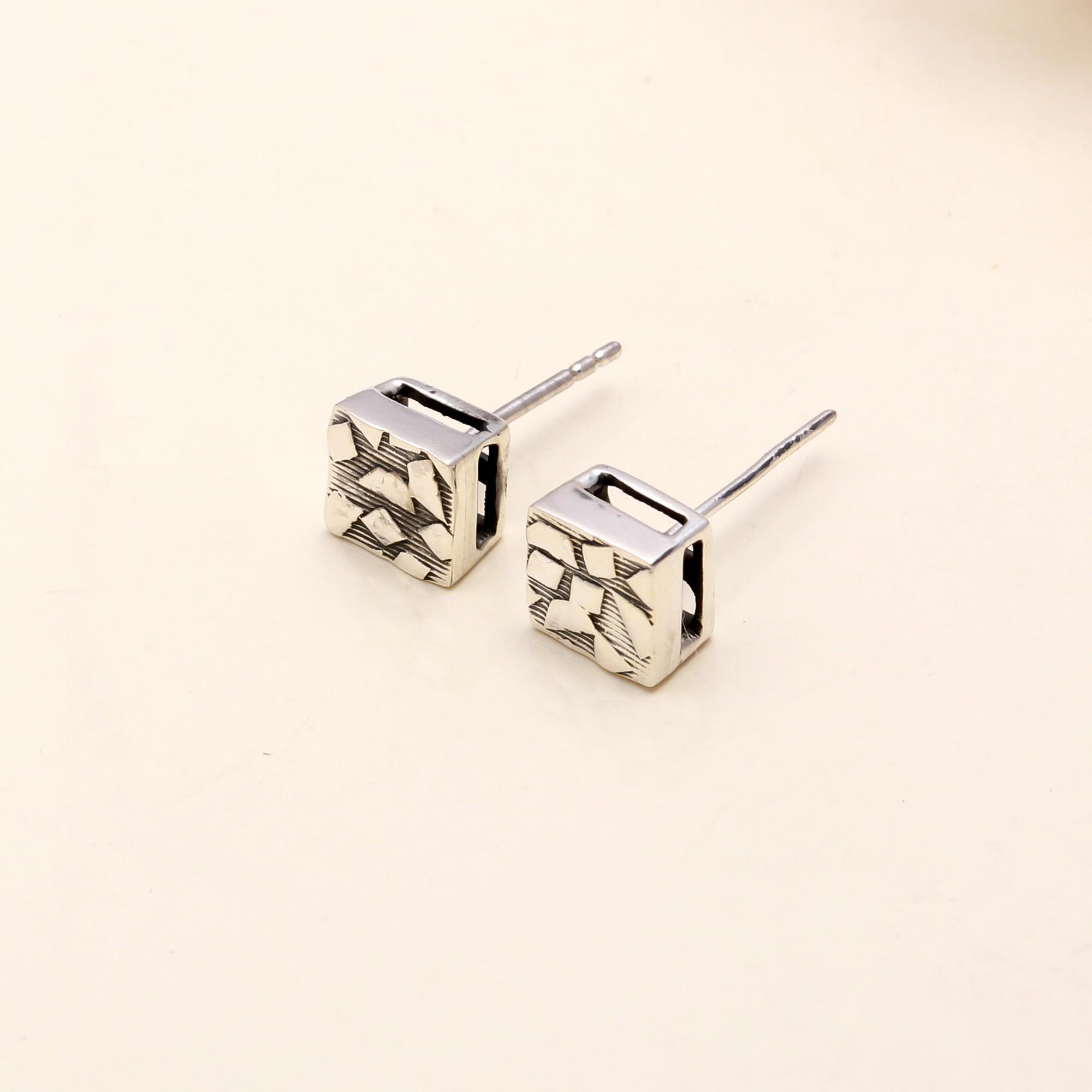 925 Sterling Silver Modern Cube Design Stud Earrings